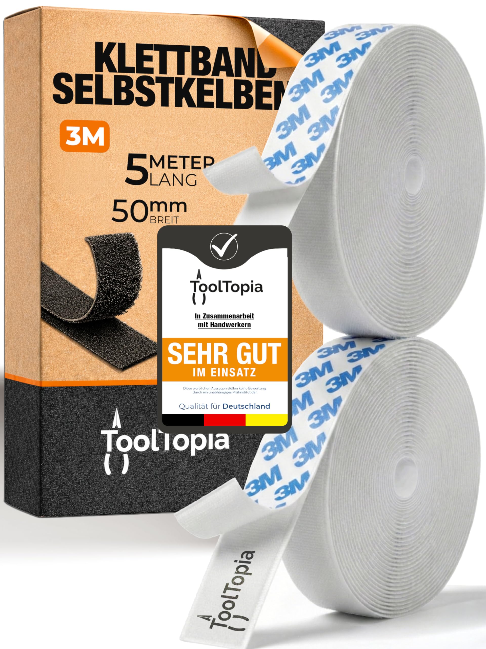 Cinta de autoadhesiva extrafuerte para exterior e interior, 50 mm x 5 m, color blanco (adhesivo de marca 3M), I, cinta adhesiva para manualidades, manualidades, hogar, costura...ToolTopia Calidad