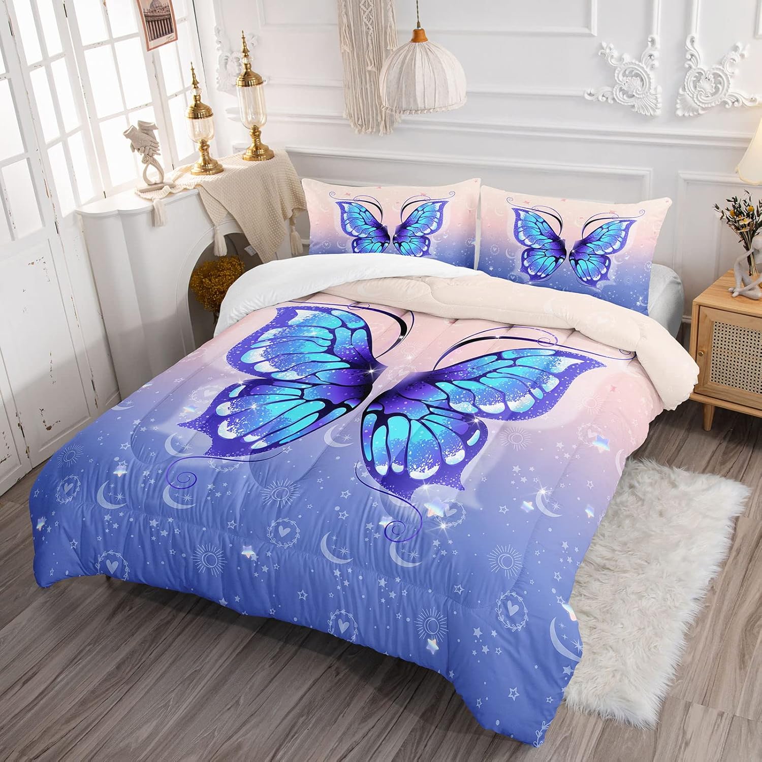 Bedding Comforter Set Pink Purple Butterfly Printed Pattern Quilt with 1 and 2 Pillowcases for Girls Bedroom All Season(Butterfly Queen) Queen 90x90inches