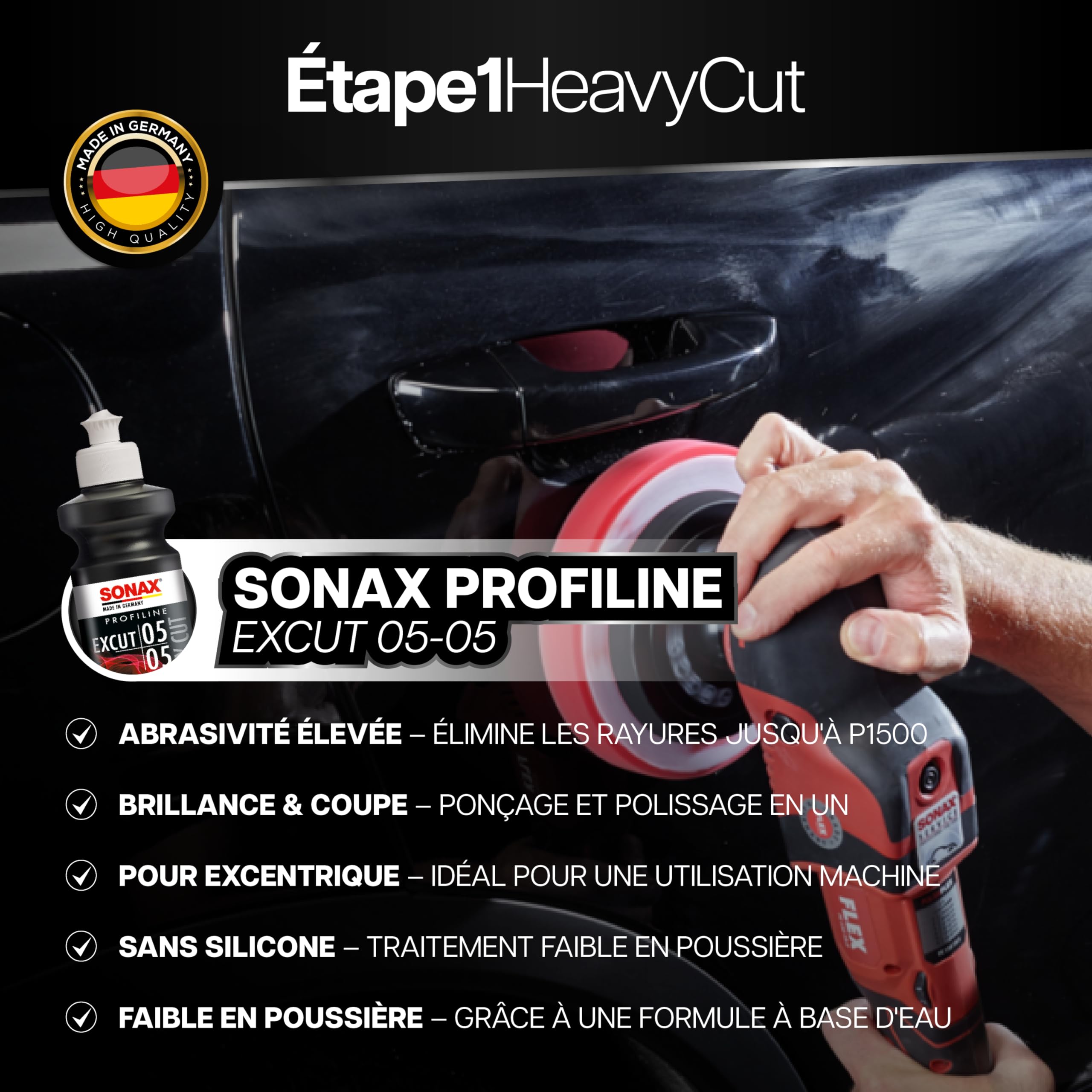 Set de polissage automobile | Sonax Profiline ExCut 05-05 contre les rayures profondes + EX 04-06 Polissage haute brillance + OS 02-06 Polissage de finition + Quick Detailer + 3 x tampon de polissage