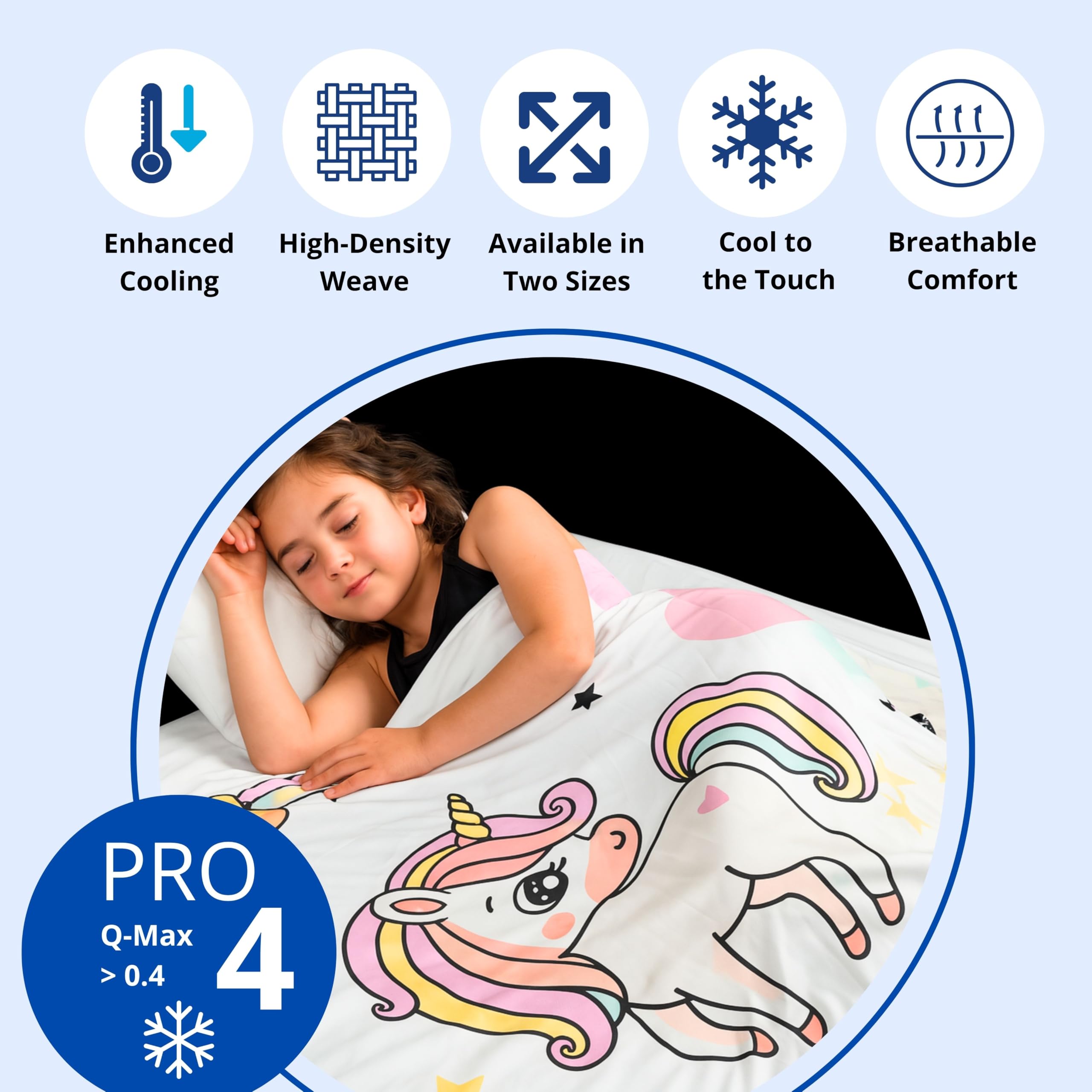 Kühldecke Einhorn – Kinder-Sommerdecke FrostWeave™ Q-Max >0,4 Mädchen Überwurfdecke, atmungsaktiv, Baby-Kühlung, Einzelbett (150 x 200 cm)
