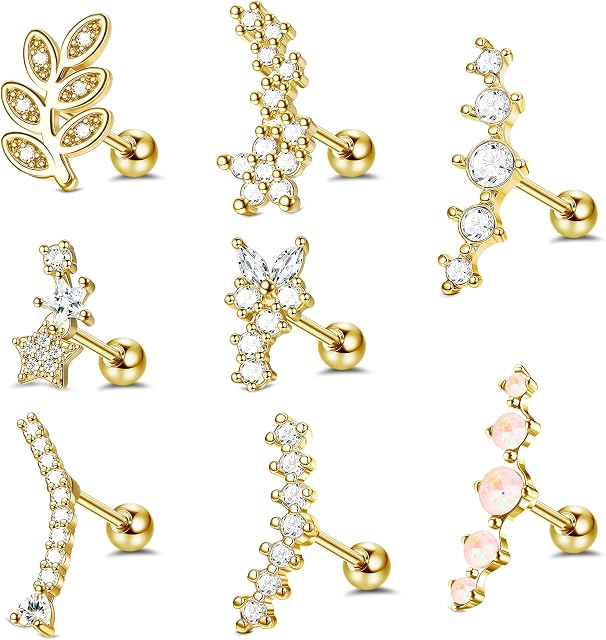 Kakonia 8Pcs Cartilage Earring Stud for Women Men Surgical Steel Conch Helix Piercing Jewellery 16G Earrings