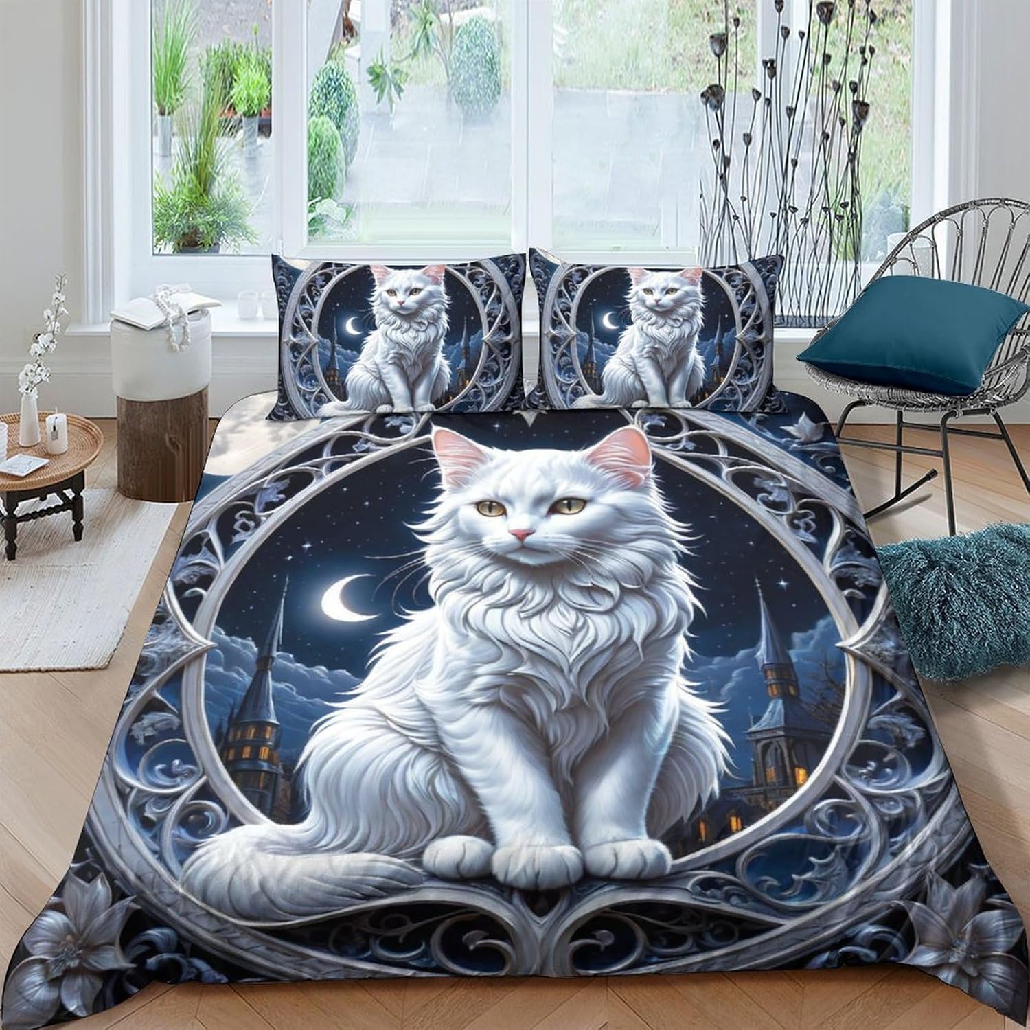 Housse de couette chat 260x230 fermeture éclair parure de lit microfibre pour couette qui glisse