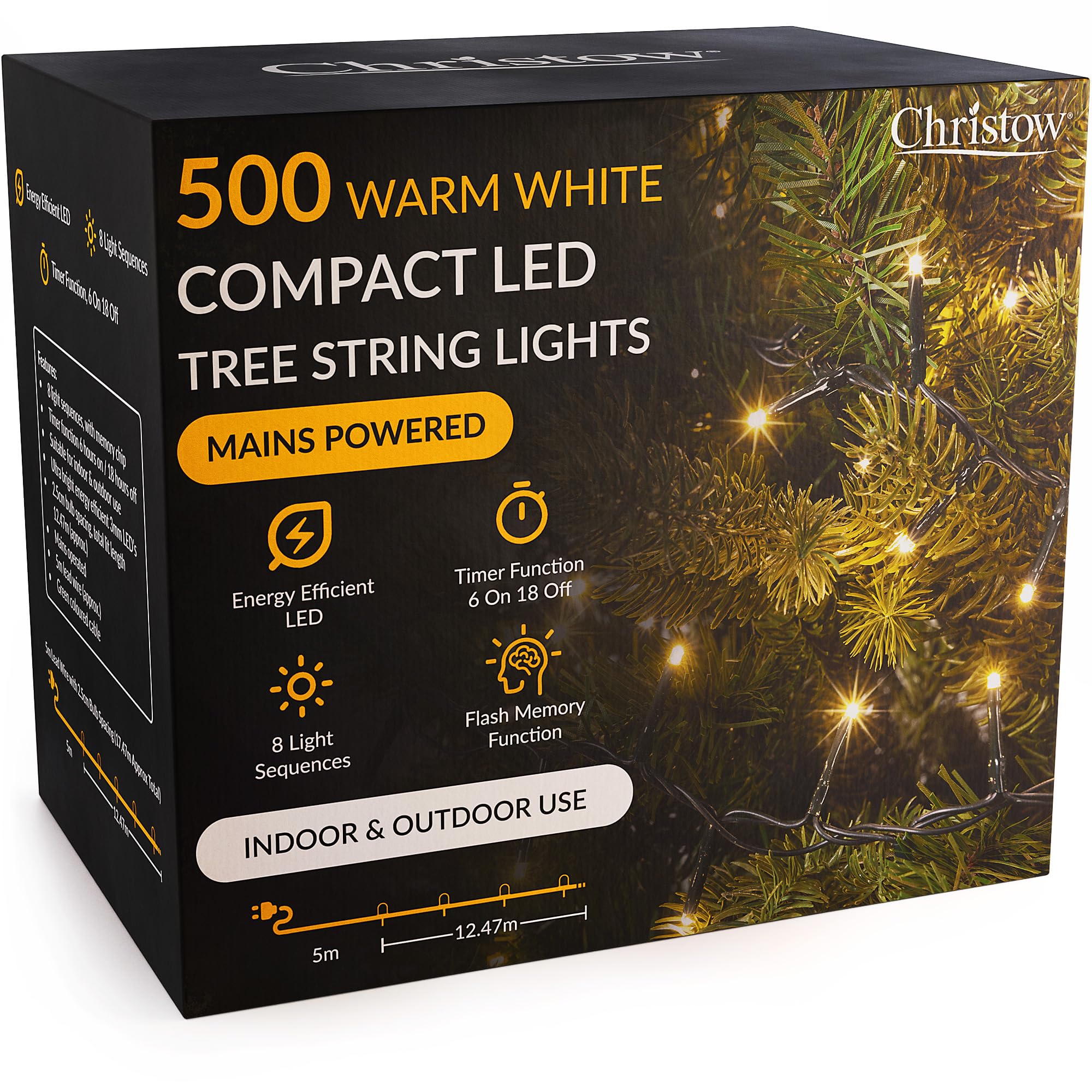 CHRISTOW 5ft Christmas Tree Lights, 500 Warm White LED Fairy Lights with Timer, 8 Light Modes, Energy Efficient 3mm LEDs, Indoor & Outdoor, Mains Powered, Green Cable (12.47m Lit Length) — image 1