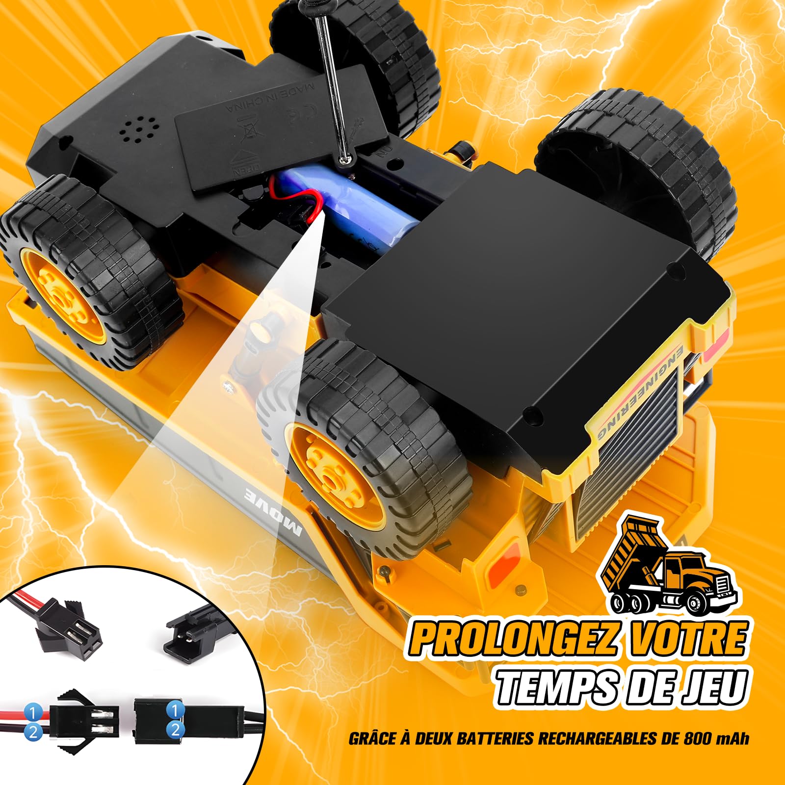 Camion-Benne Télécommandé avec 2 Batteries Chantier RC avec Benne Métallique, Lumières et Sons, Cadeau pour Enfants Garçons Filles de 3 4 5 6 7 8 Ans pour Intérieur et Extérieur