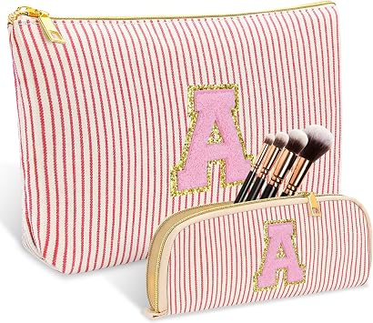 2 PCS Initial Makeup Bag, Personalized Travel Cosmetic Bag/11 12 13 14 15 16 Year Old Girl Gifts, Preppy Stuff Birthday Gifts for Women Friends, Skincare Bag, Teen Girl Gift Trendy Stuff, Red A