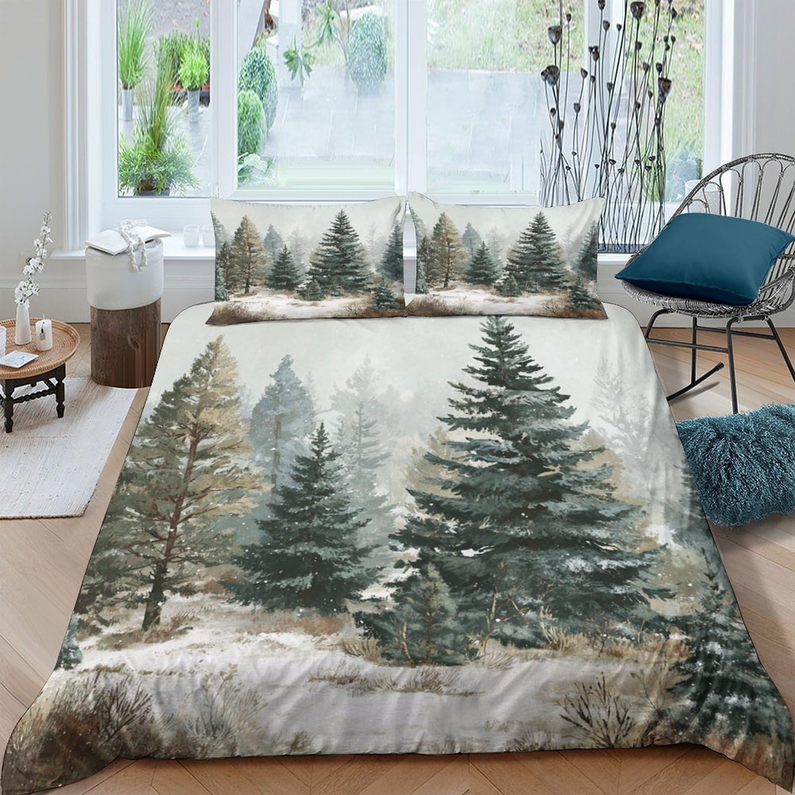 Ctjqhvkz Style-8 3D Printed Pine Forest Fitted Sheet Microfiber Soft Green Snowy Landscape Bed Cover For Bedroom Guest Room Decor Single（135X200cm）