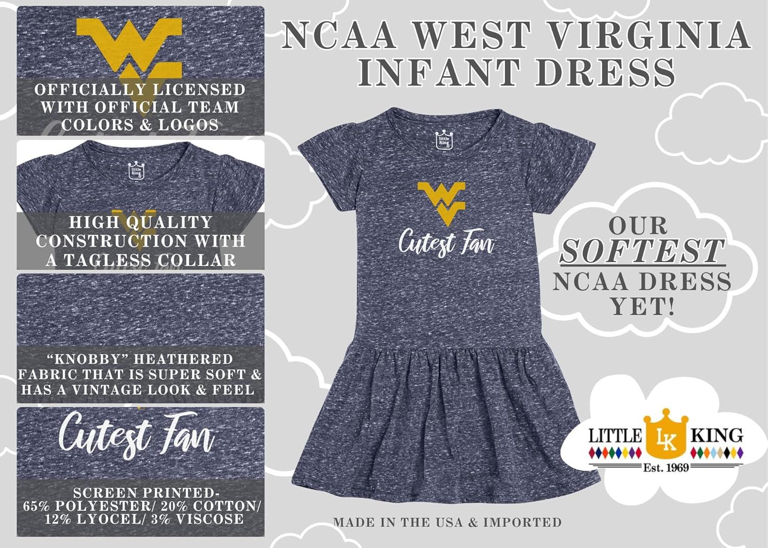 Little King NCAA Infant Girls Knobby Dress-Cutest Fan-Sizes 6 Months, 12 Months and 18 Months