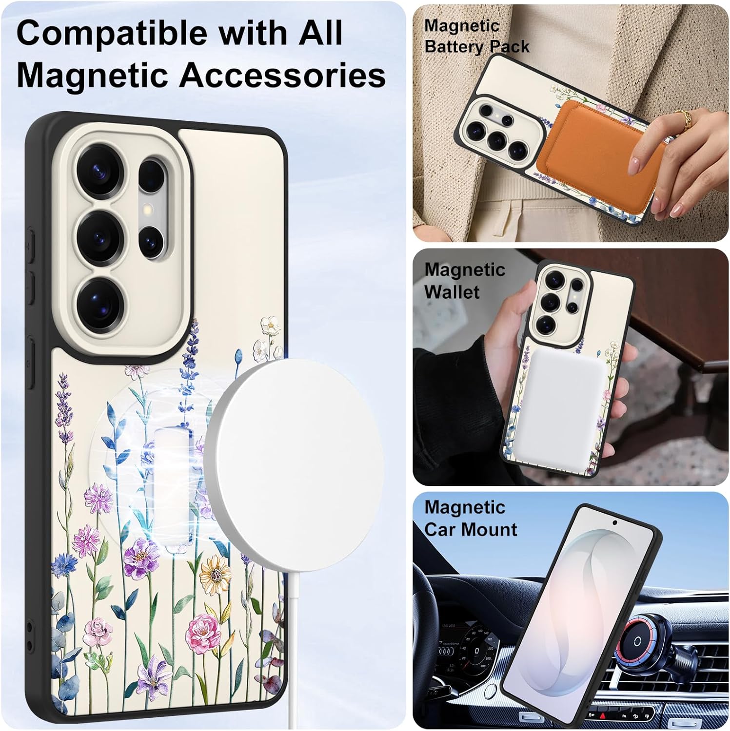 for Samsung Galaxy S26 Ultra Case, Finger Strap Kickstand[Compatible with MagSafe] Cute Floral Pattern for Women Girls,Full Camera Protection Aesthetic Shockproof TPU,White