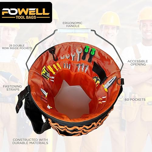 Miniatura 5 de Powell - Organizador de herramientas de cubo de 5 galones, organizador de herramientas ligero con 60 bolsillos, bolsa de herramientas para