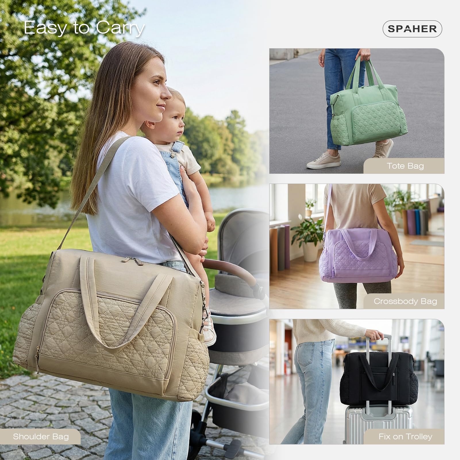 SPAHER Grand Sac a Langer Bebe 30L Sac Maternité Bebe Imperméable avec Compartiments Humide Mommy Bag avec Compartiments Multiples et Bandoulière Amovible
