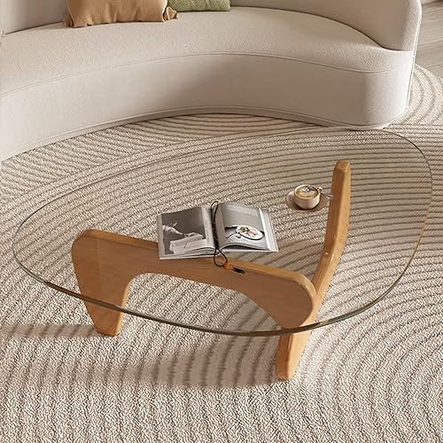 FAFAD Glass Coffee Table for Living Room Mid Century Modern Coffee Table Tempered Glass + Solid Wood Base Oval Small Center Table for Small Spaces Unique Triangle(32.3 * 22.4 * 16, Log Transparent)