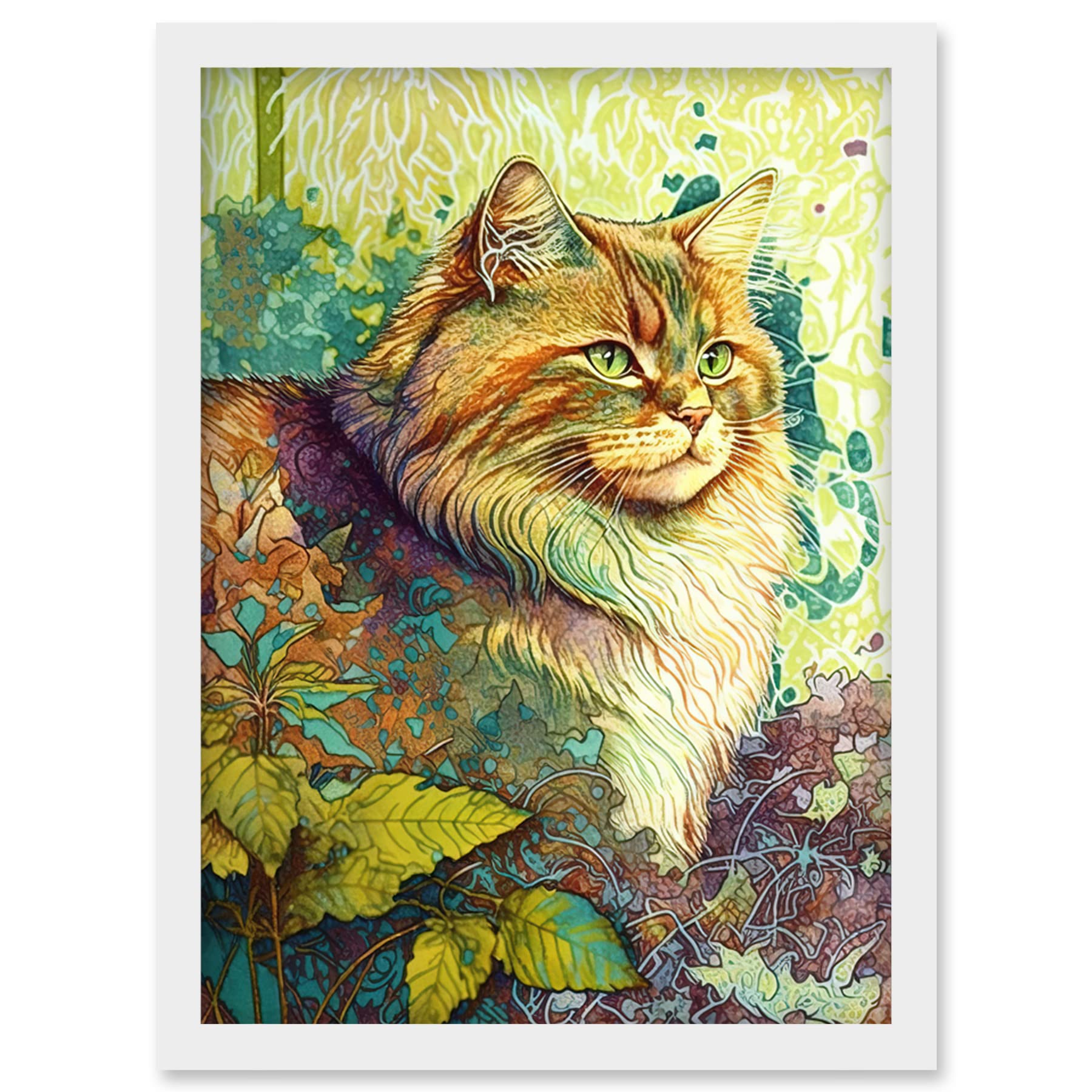 Artery8 Siberian Cat in Nature Vibrant Colourful Modern Portrait Illustration Artwork Framed Wall Art Print A4
