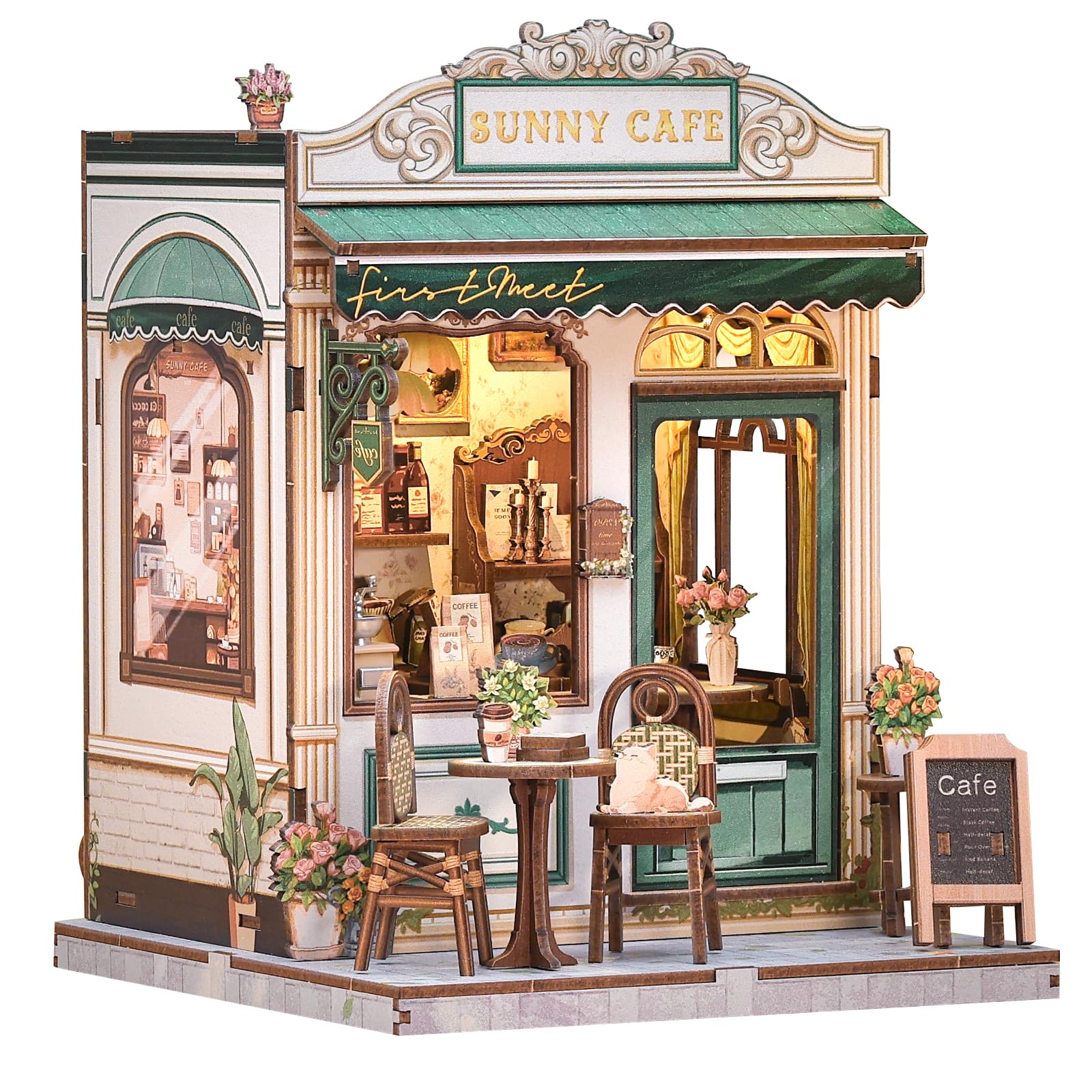 Endless Limit DIY Miniatur Haus Bausatz für Erwachsene,Puppenhaus Gewächshaus mit LED Licht,3D Puzzle Buchstütze aus Holz Modellbausatz Bastelset Bücherregal Deko Geschenken (Sunny Cafe)