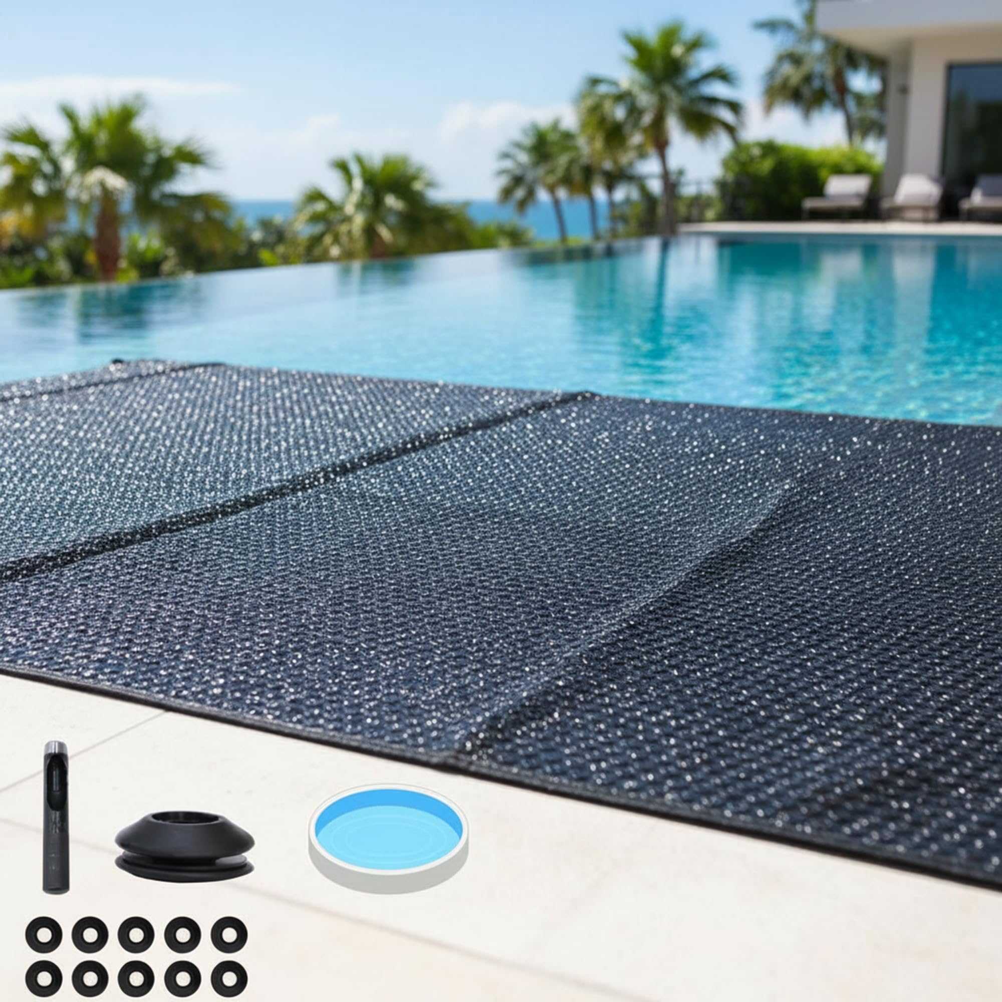 Mucola Solarfolie Pool rund Ø 457 cm Schwarz inkl. 10 Ösen & Werkzeug | Poolabdeckung Solarplane Pool Abdeckplane PVC PE-Folie Luftkammern 120 My | Wärmefolie Poolfolie Solarheizung zuschneidbar
