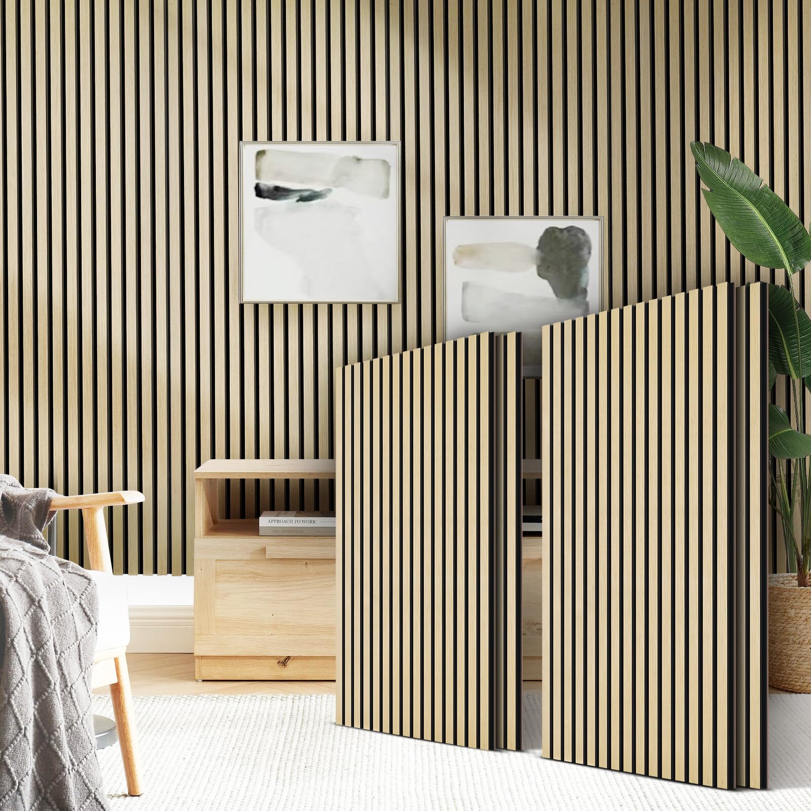 JAMELO Panele akustyczne fornir drewniany, 0,72 m² - 120 cm x 60 cm x zestaw - (zestaw = 4 sztuki 120 cm x 60 cm) | Kolor: naturalny kolor | okładzina ścienna | panel akustyczny | panele ścienne na