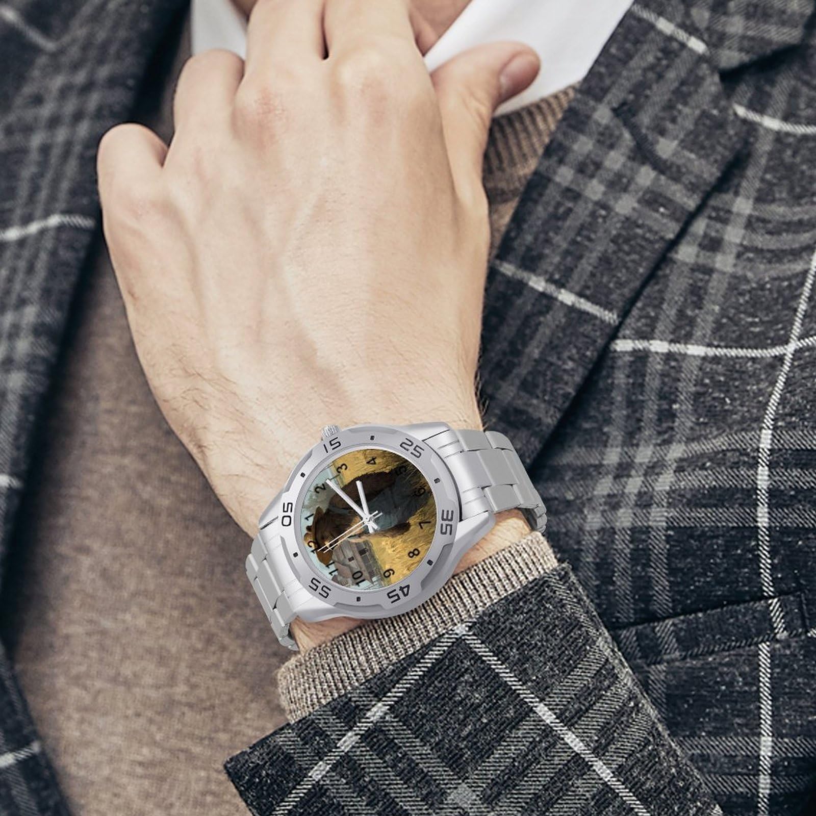 Bear in Overalls Herren Quarzuhr Trendy Edelstahlbänder Leicht Ablesen Minimalistische Armbanduhren Business Daily