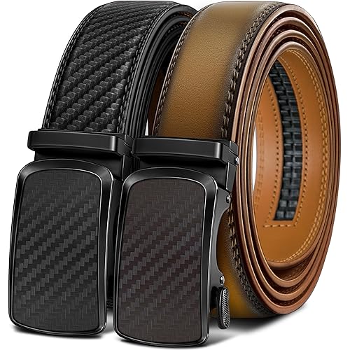 BULLIANT Men's Ratchet Belt 2 Pack-Click Leather Belt Adjustable for Men Gift 1 3/8-Cut for Perfect Fit