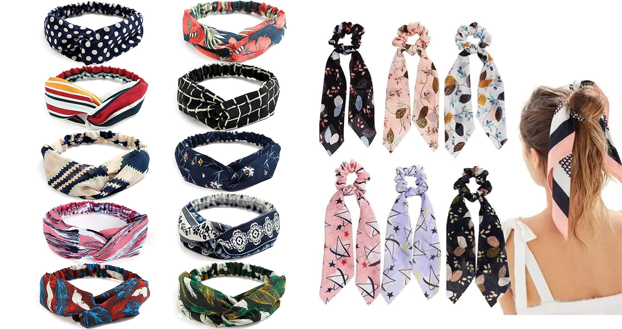 MOOLYVAAN PRODUCTS ( 2 in 1) Boho Cotton Fabric Assorted Printed Headband Criss Cross With Hair Rubber Bands Scrunchy Elastic Satin Scarf fabric (3pcs Criss Cross + 3pcs Ribbon Scrunchies) (B0B6W7HJBQ) Amazon Price History, Amazon Price Tracker