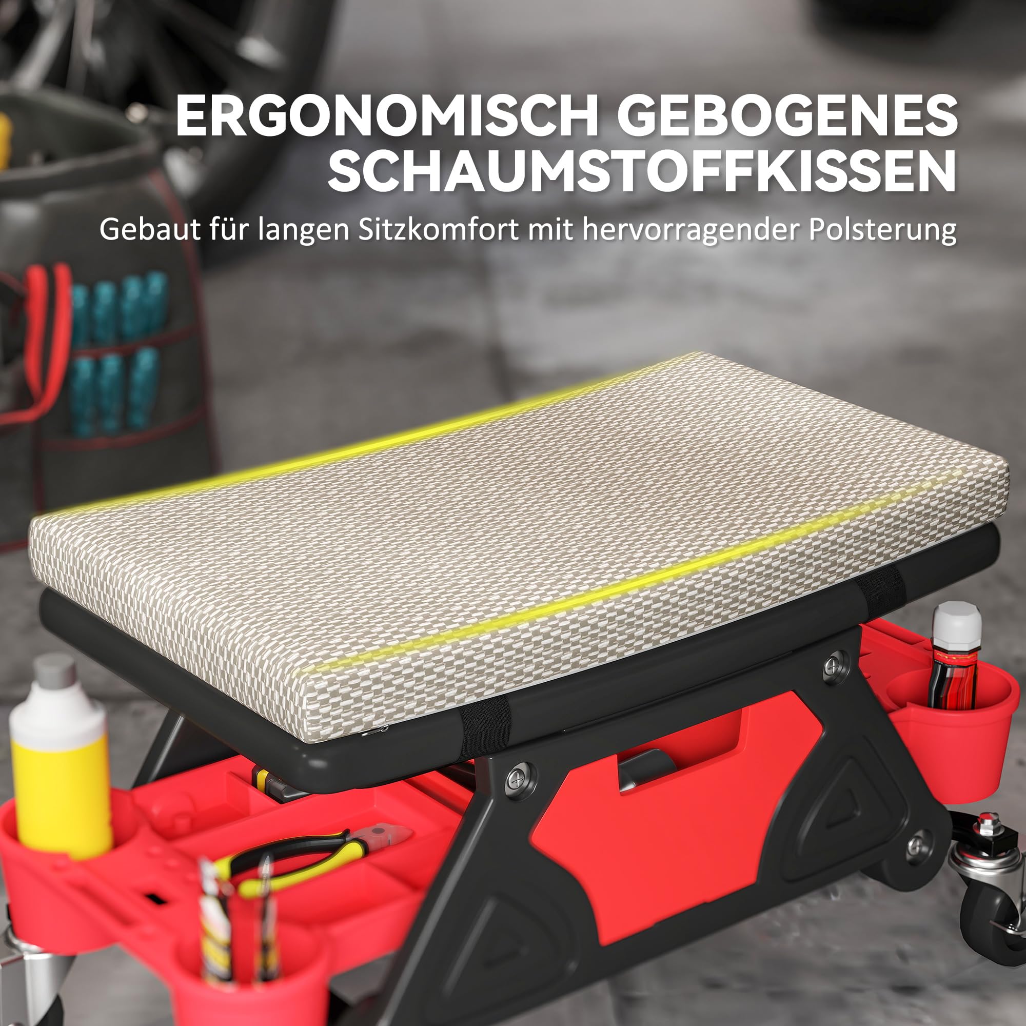 HOMCOM Werkstatthocker mit Rollen Ablagefläche Schublade 35cm hoch Rollhocker bis 135 kg belastbar Arbeitshocker Rollsitz Werkstattsitz für Werkstatt Grau