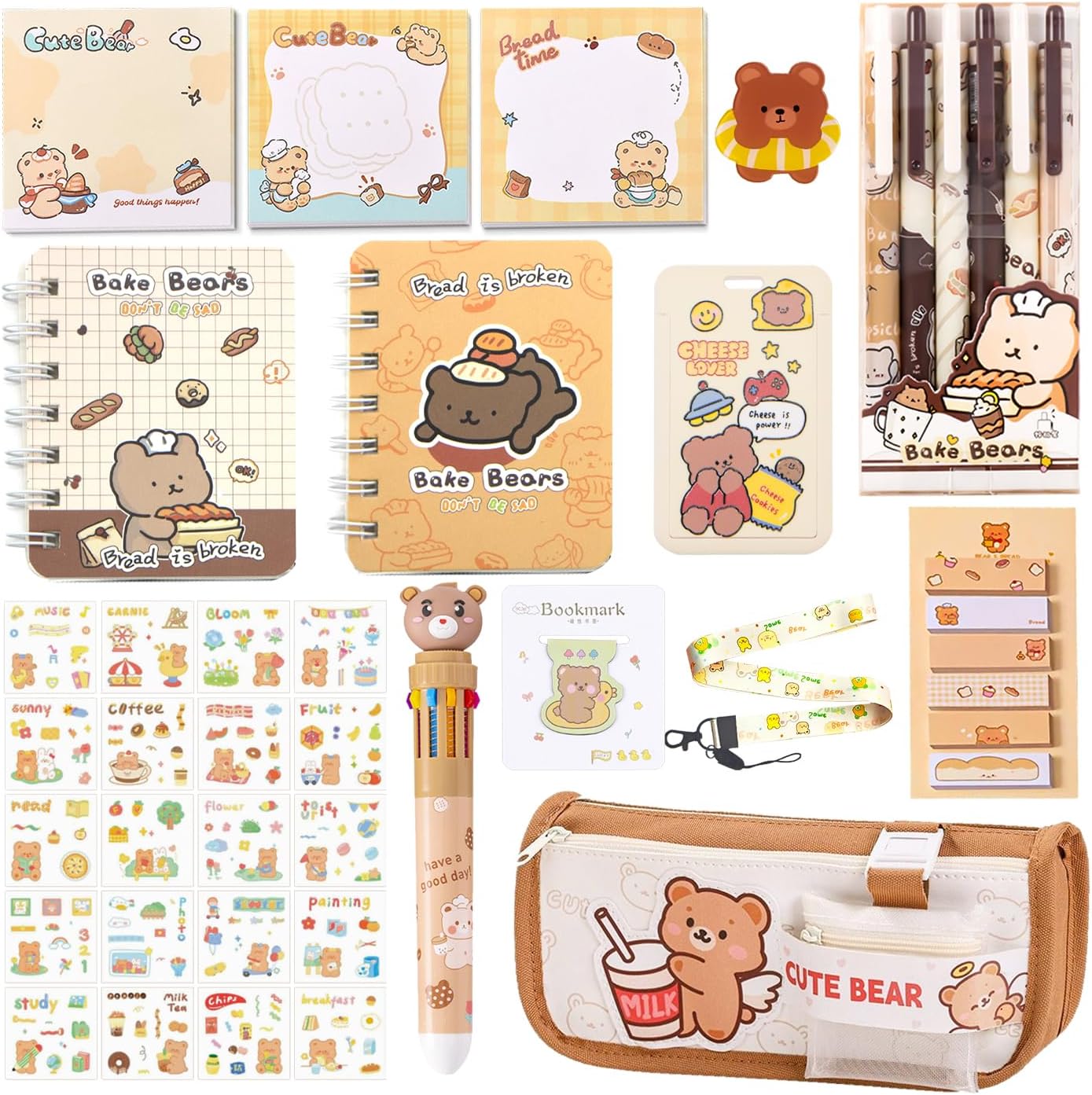 406Pcs Cute Bear Stationery Set, Kawaii Office Supplies Includes Fun Pencil Case Gel Ink Pens, Cartoon Sticky Notes Mini Notebooks Stickers Card Case As Bulk Party Gifts for Girls (Bear)