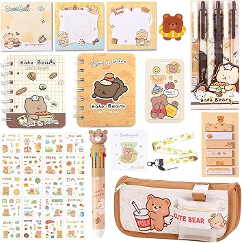 406Pcs Cute Bear Stationery Set, Kawaii Office Supplies Includes Fun Pencil Case Gel Ink Pens, Cartoon Sticky Notes Mini Notebooks Stickers Card Case As Bulk Party Gifts for Girls Bear