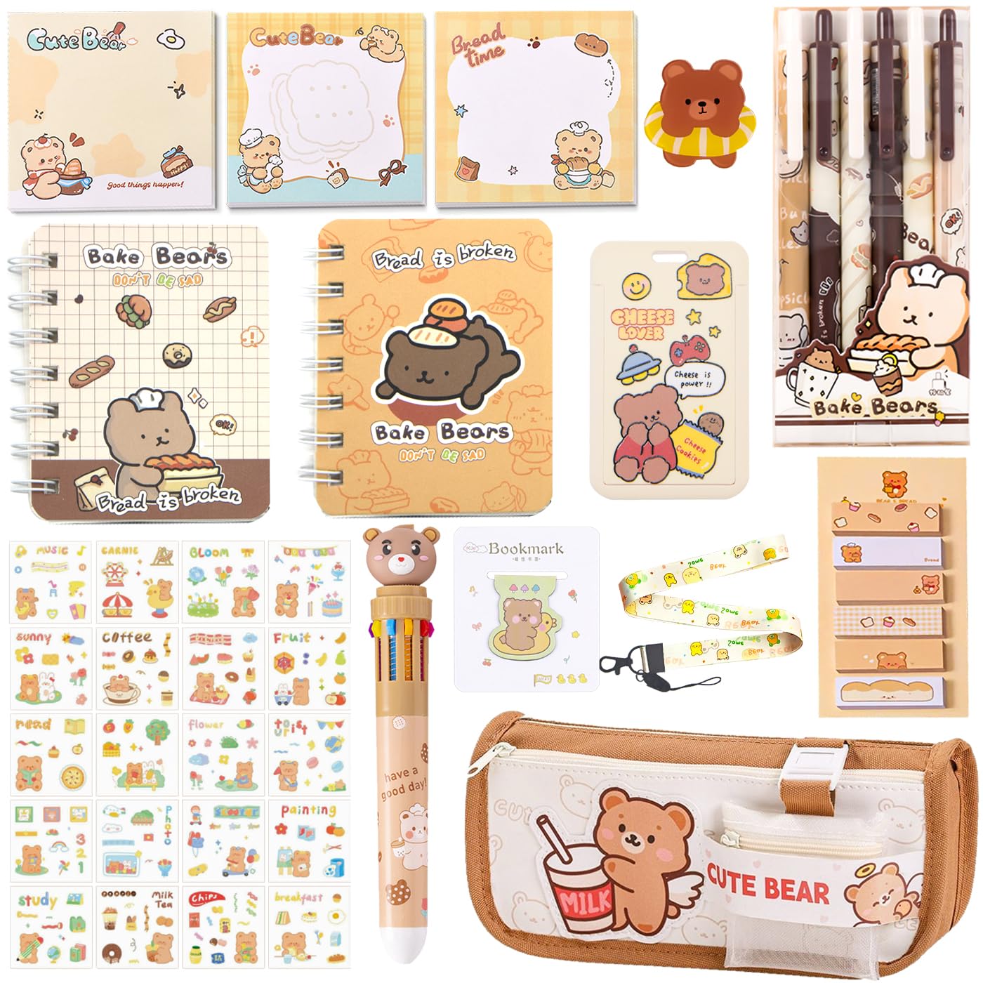 406Pcs Cute Bear Stationery Set, Kawaii Office Supplies Includes Fun Pencil Case Gel Ink Pens, Cartoon Sticky Notes Mini Notebooks Stickers Card Case