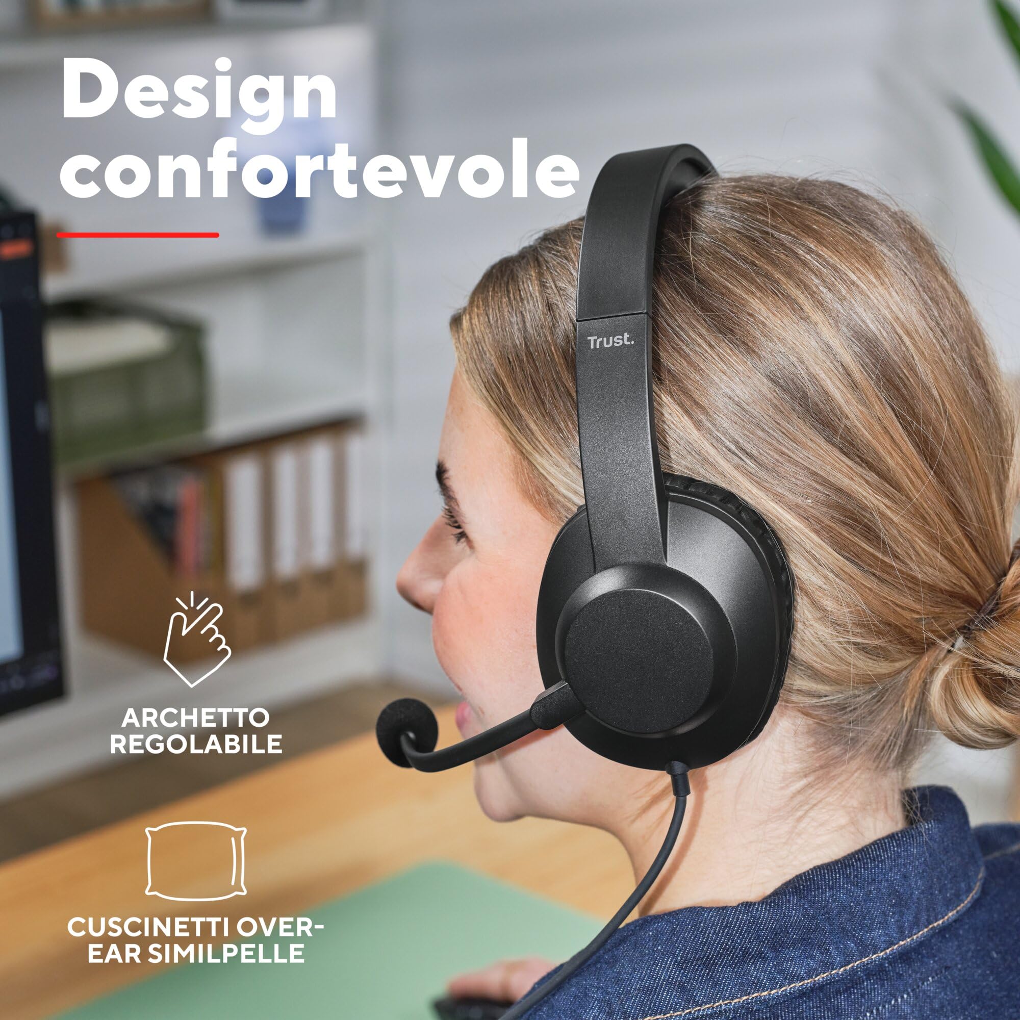 Trust Roha II Max USB Cuffie con Microfono Leggere Over-Ear, Auricolari con Filo 1,80 m, 85% Plastica Riciclata, Headphones Cablato per PC Portatile Computer Laptop Mac Ufficio Teams Zoom, Nero
