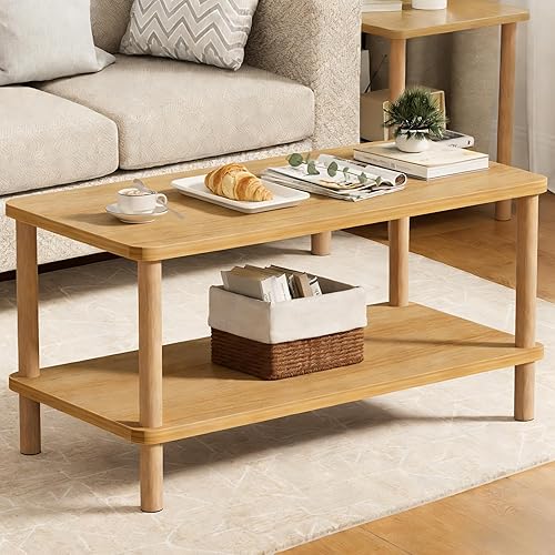 2 Tier Coffee Table Low Table with Solid Wood Legs, Japanese Coffee Table for living Room, Side Table Sofa Table, Floor Table Desk for Sitting on The Floor, Storage Shelf Furniture for Office, Natural