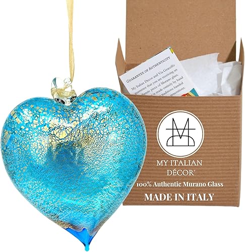 Handmade Murano Glass Heart Ornament, Turquoise, 3.5" x 3", Made in Italy