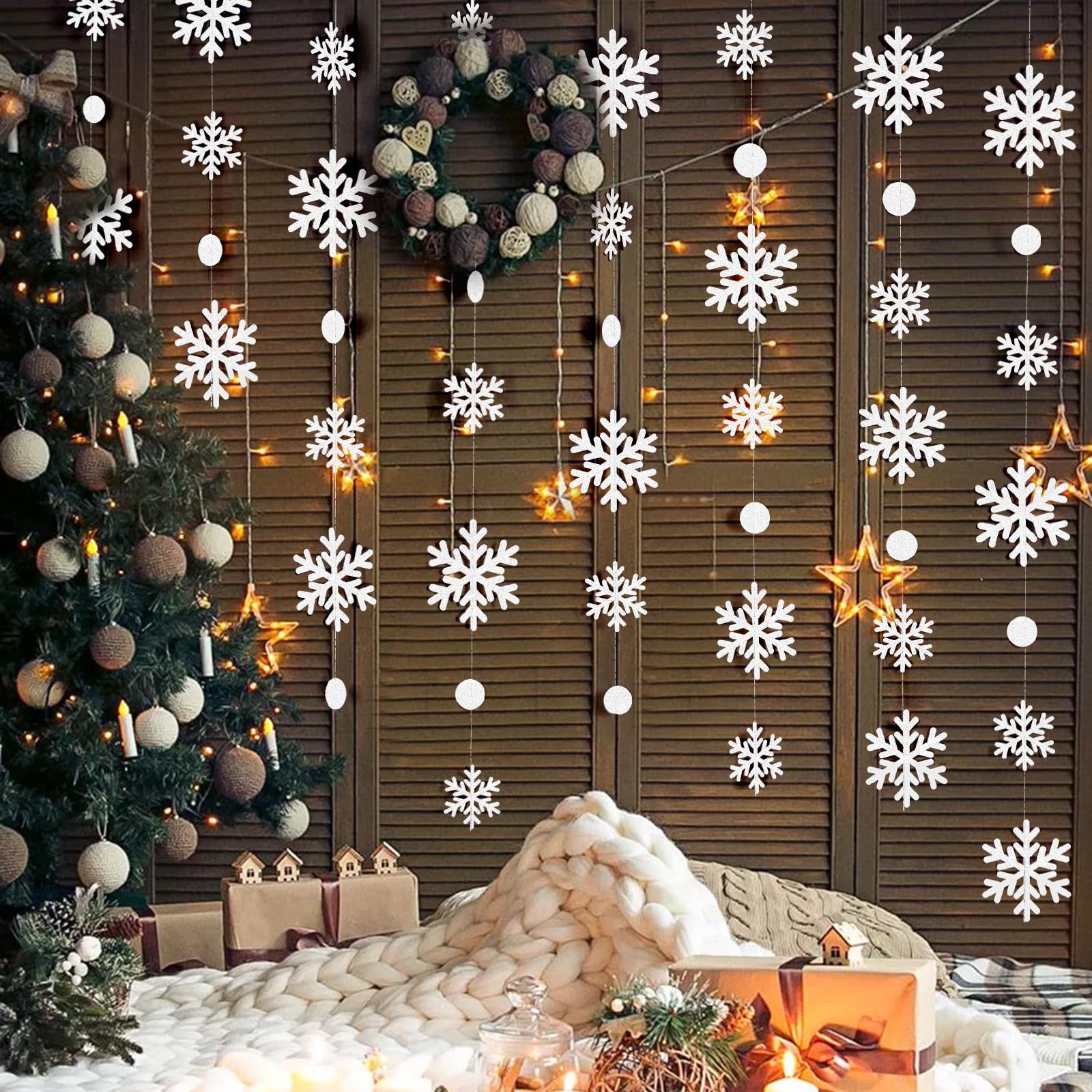 Paquete de 8 guirnaldas colgantes de copo de nieve con purpurina para invierno, Navidad, decoración de fiesta de invierno del país de las maravillas, cumpleaños congelados, suministros de fiesta,
