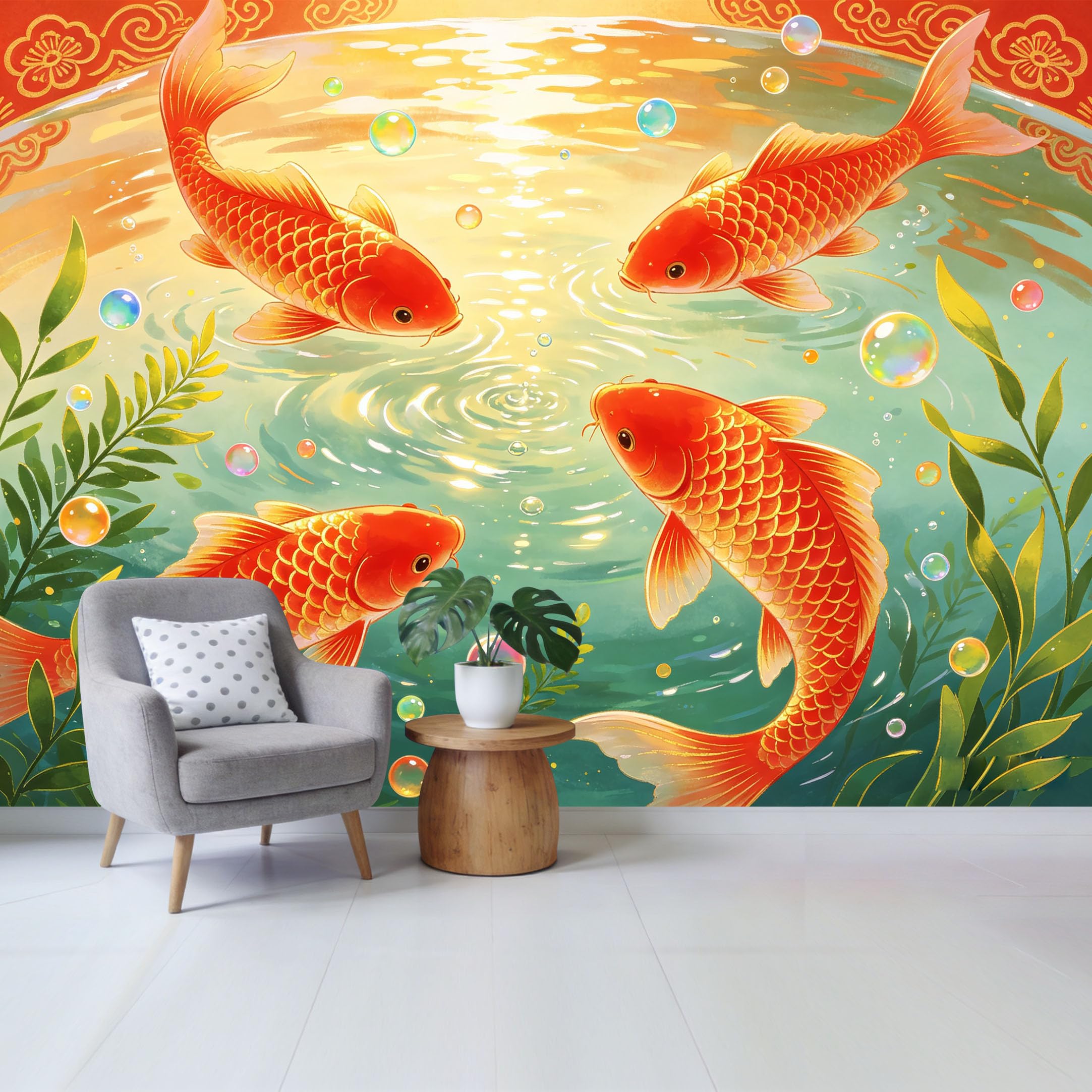 Qzlithotic Yq2605250772 Custom Size Wall Mural Golden Koi Fish Swimming Watercolor Pond Bubbles Botanical Style Selfadhesive Wall Fabric Removable Wallpaper For Home Office Decor