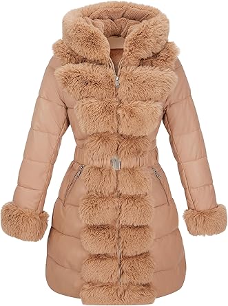 RISISSIDA Women Puffer Coat/Parka with Long Fur Collar Hooded Winter Fashion, Cold-resistant Thicken Thermal Fur-lined Belted