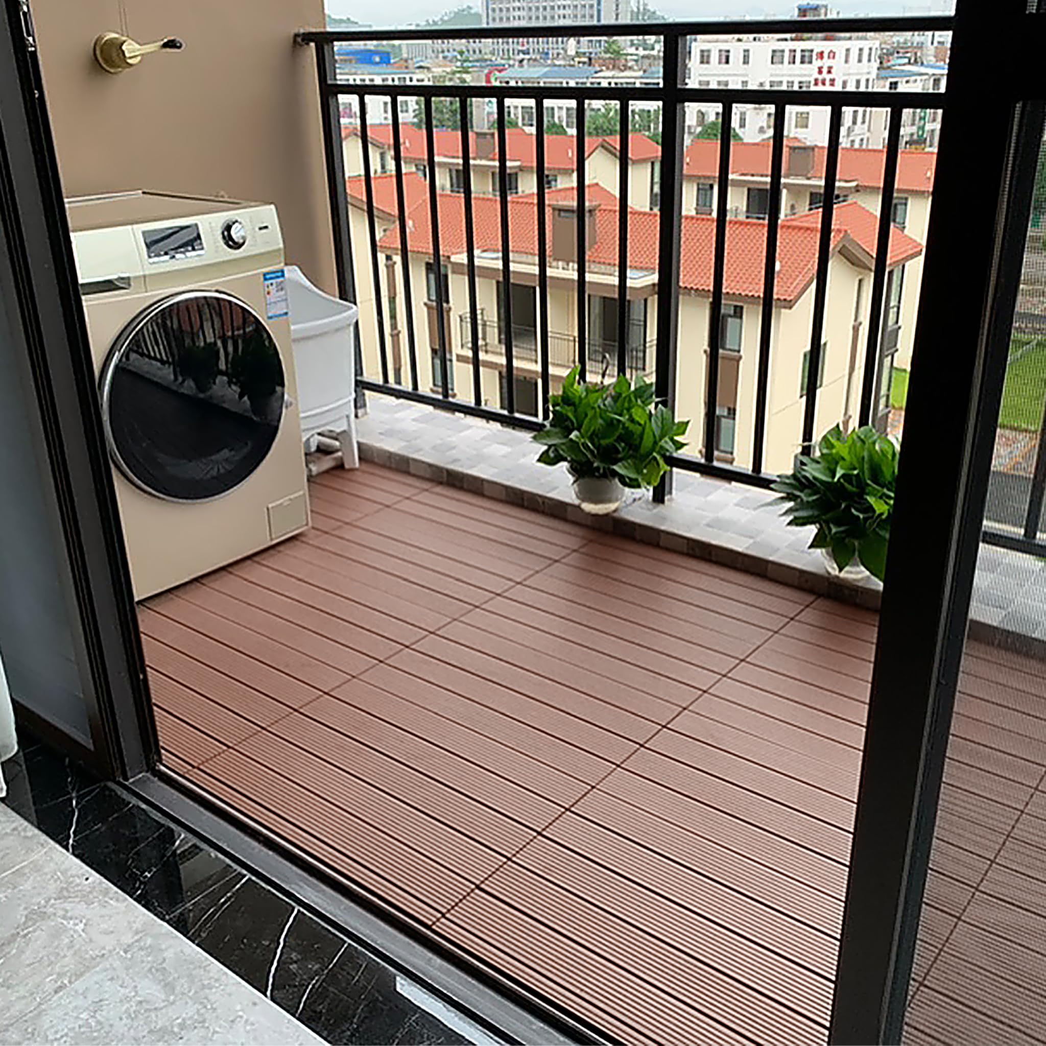UISEBRT 6 sztuk płytek balkonowych, WPC (PC), płytki tarasowe, wygląd drewna, płytki balkonowe, system klik, do ogrodu, na balkon, taras (30 x 60 cm, brązowe)