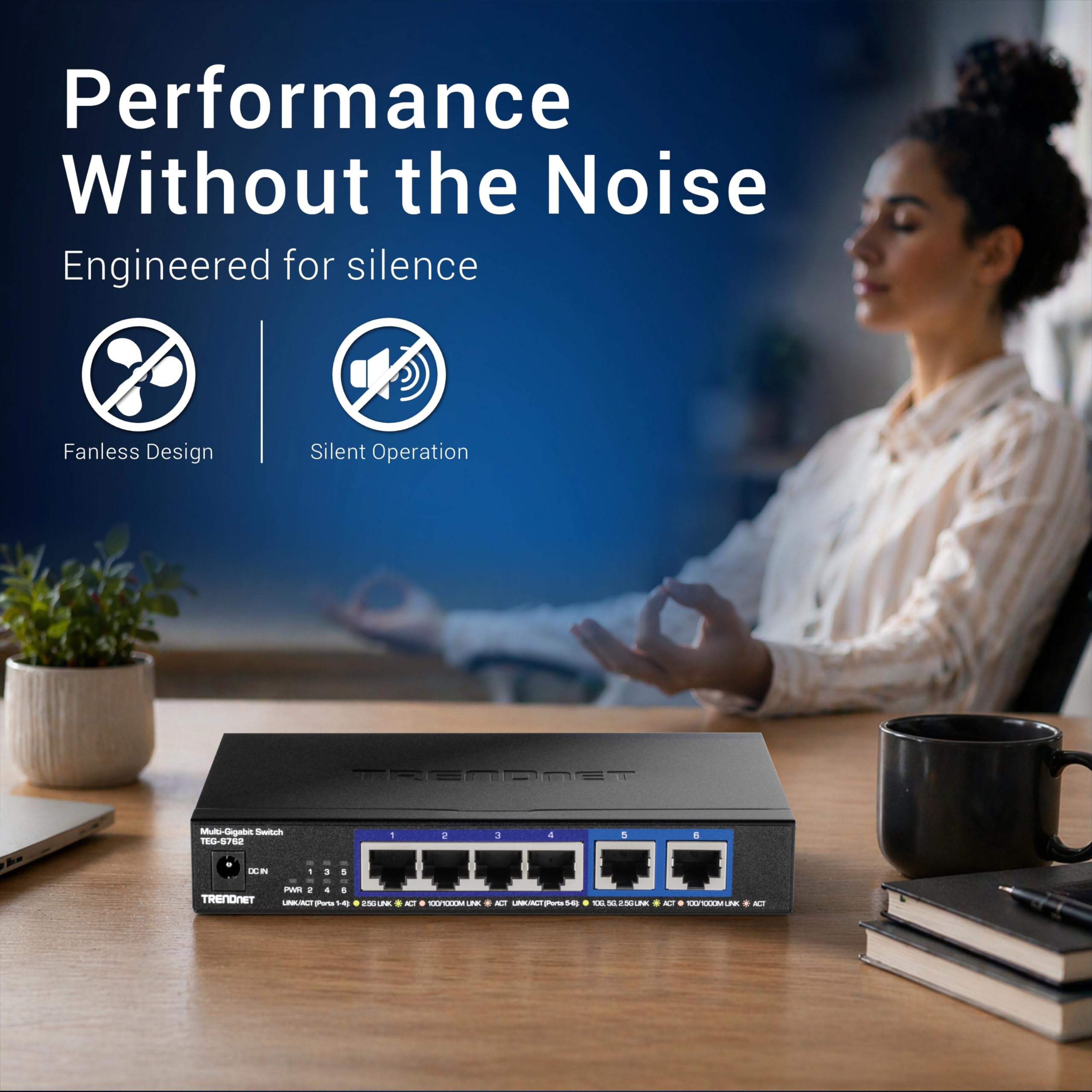 TRENDnet, TEG-S762, Conmutador de 6 Puertos 10G, 4 Puertos 2.5G RJ-45 Base-T, 2 Puertos 10G RJ-45, Capacidad de conmutación de 60 Gbps, Montaje en Pared, Conexiones de Red de 10 Gigabit, Negro