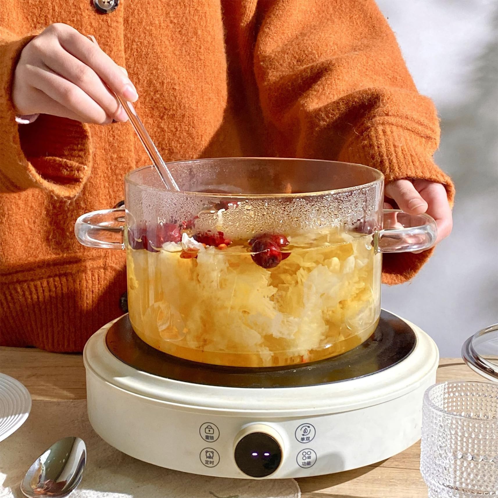 Pentole in vetro per cucinare sul fornello, pentola in vetro trasparente per cuocere a fuoco lento, pentole grandi da 3, 5 litri, pentola sicura borosilicato con manici antiscottatura a doppio orec