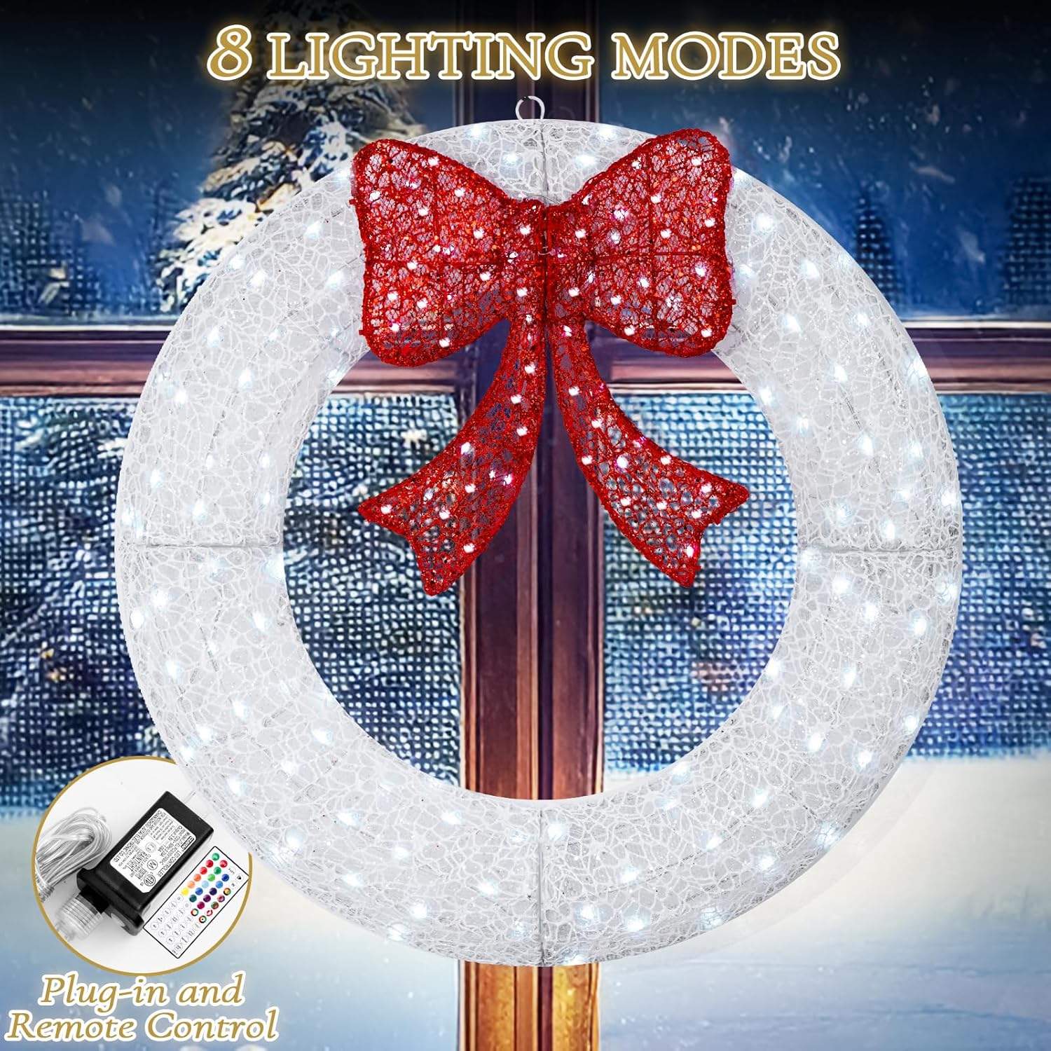 24" Pre-Lit Outdoor Christmas Wreath, 140 Multicolor RGB LED Lights with Remote Control, Timer & Bow for Door Wall Garage（Mnlticolor LED Lights ）