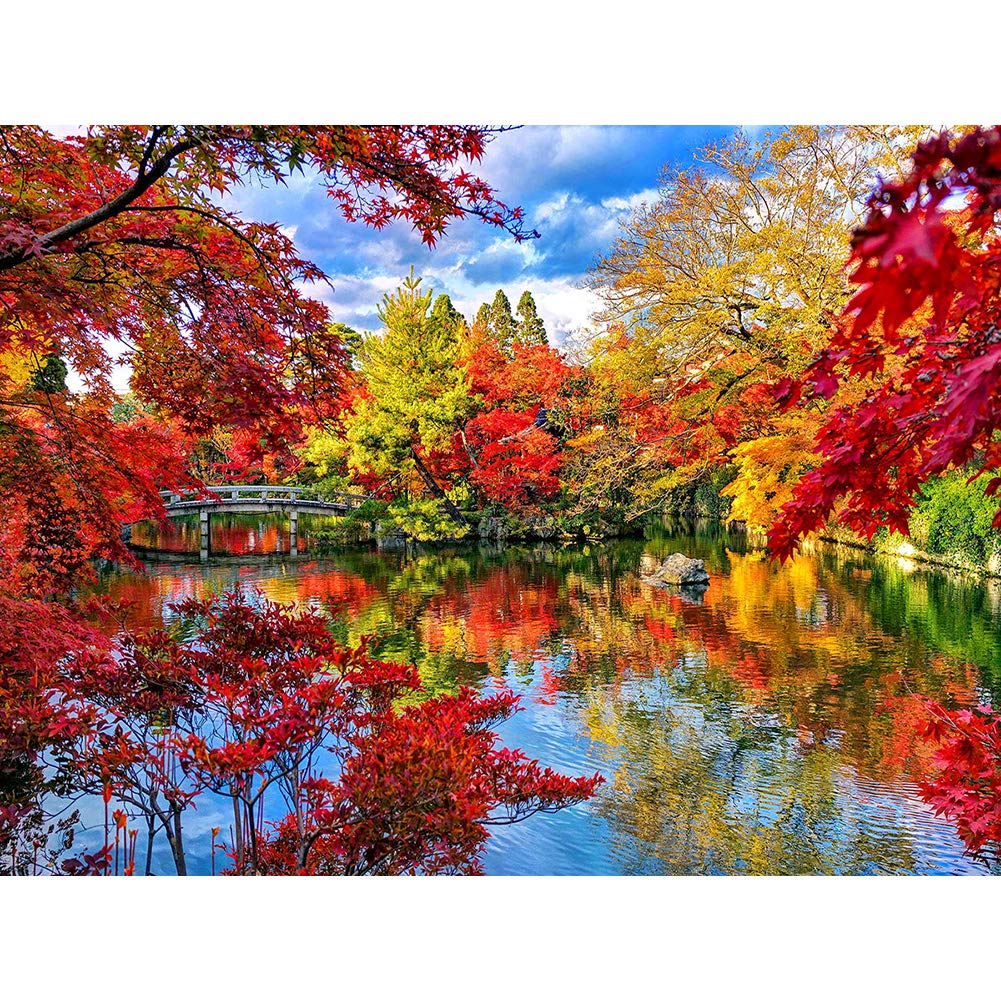 YEESAM ART Diamond Painting Kits Full Drill, Lake Maple Fall Bridge Autumn Scenery 30x40 cm DIY 5D Diamond Art Mosaic Crafts for Adults Kids Beginner Crystals Cross Stitch Christmas (Landscape)