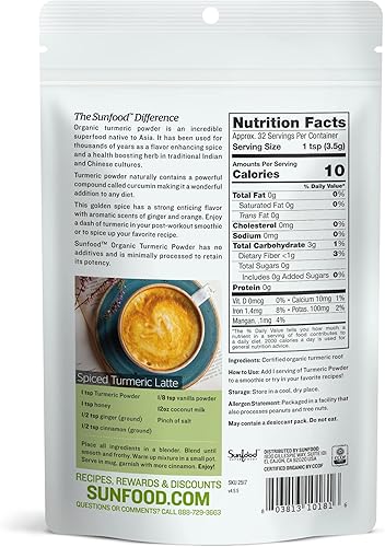 Miniatura 2 de Sunfood Superfoods Polvo orgánico de raíz de cúrcuma - Hierba medicinal 100% pura con curcumina - Bolsa de 4 onzas