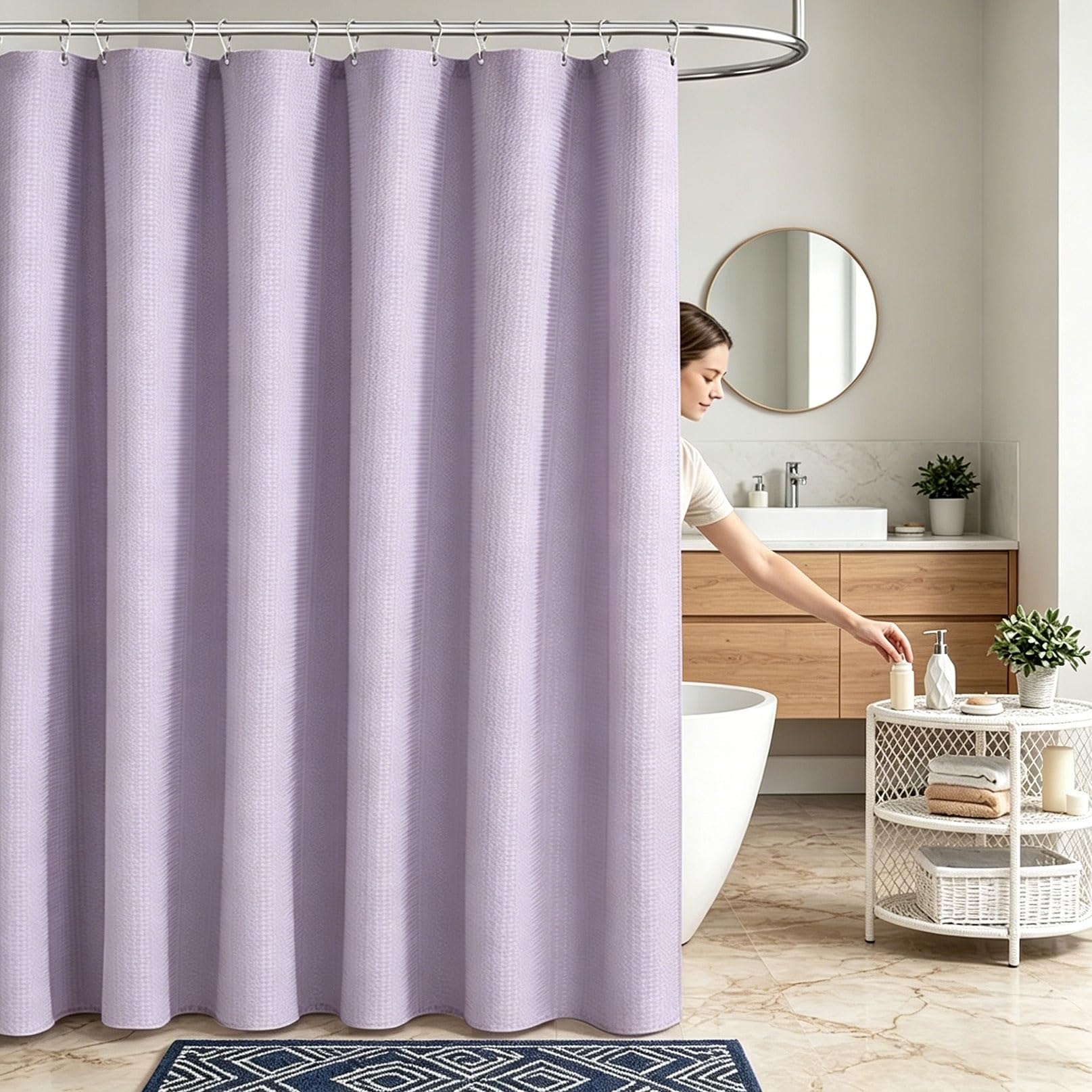 RCYONGQ Shower Curtain for Bathroom Mould and Mildew Resistant, Polyester, Waffle Bathtub Curtains Includes 12 Pcs Curtain Hooks, Quick-Drying, 230g/㎡ for Bathroom Wet Room Tub(Purple,160x200cm)