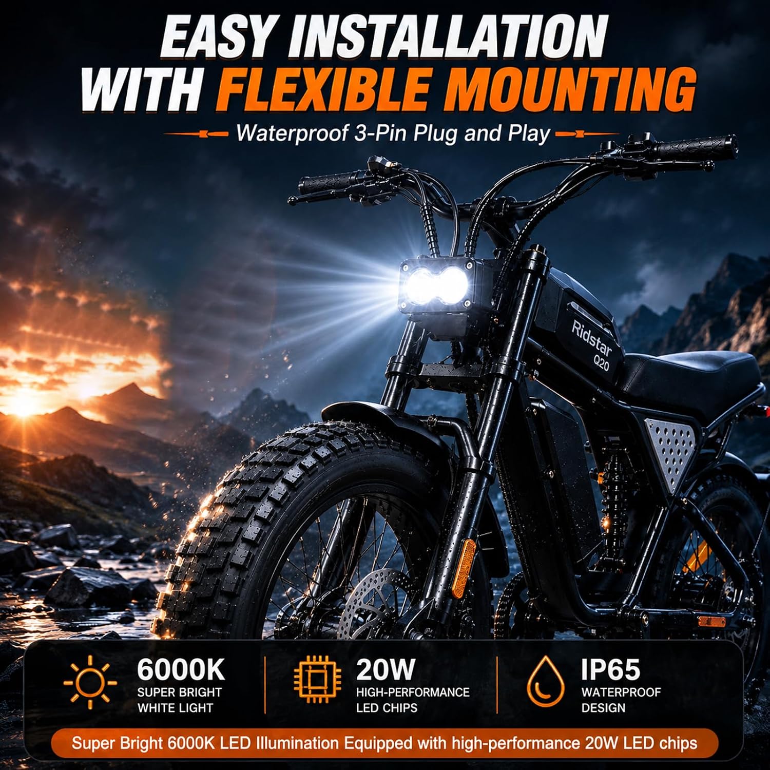 Baja Style LED Headlight for TST R002 Ridstar Q20 YVY K20 Bluvall SU8 | 20W Super Bright, 6000-6500K High Beam, Waterproof 3-Pin Julet Plug & Play, 12V-60V, For Ebike, Motorcycle & ATV