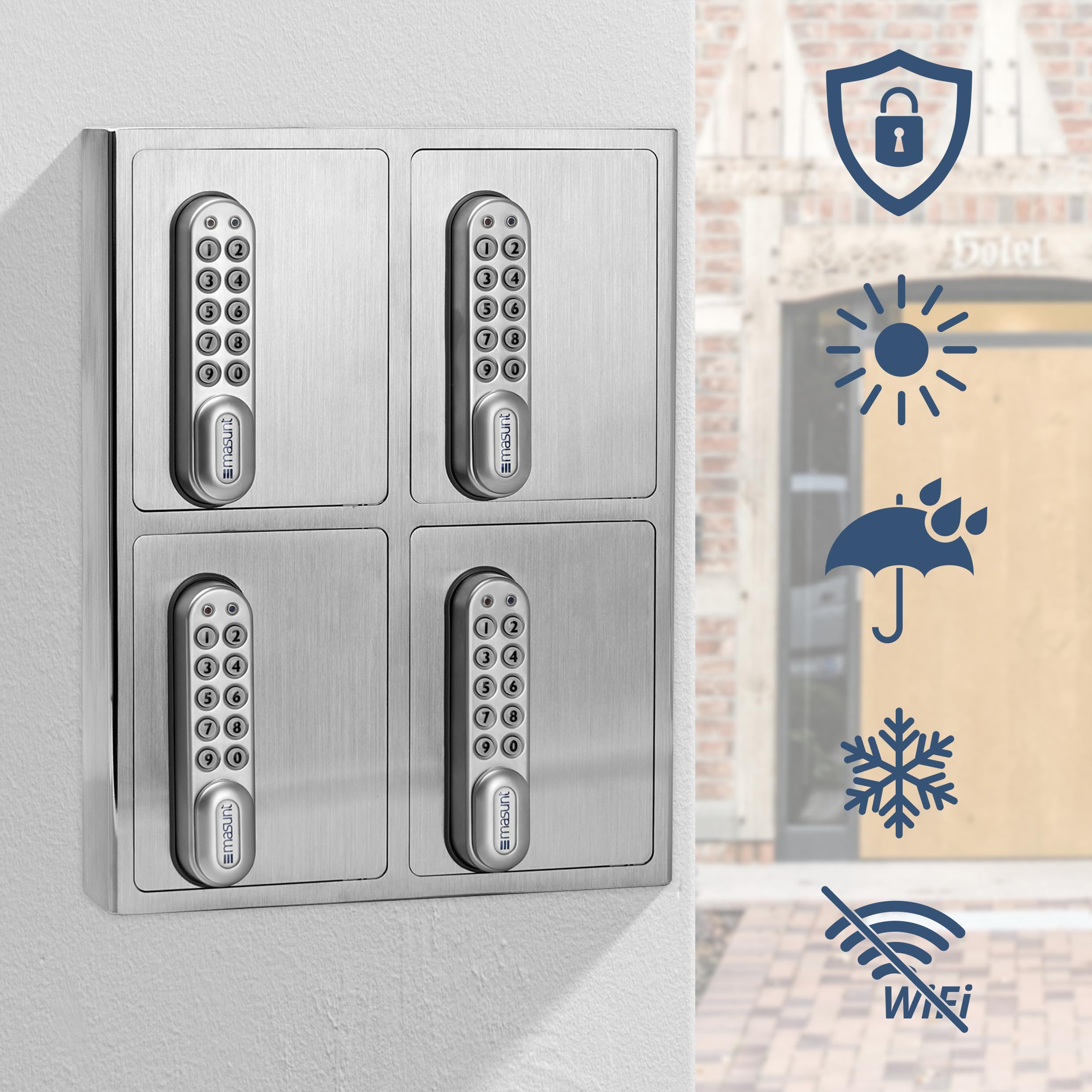 masunt cassaforte per chiavi 1420 E Code | Innovativa assegnazione online del codice a distanza | cassaforte elettronica per chiavi in acciaio inox V2A massiccio | 4 scomparti | antieffrazione