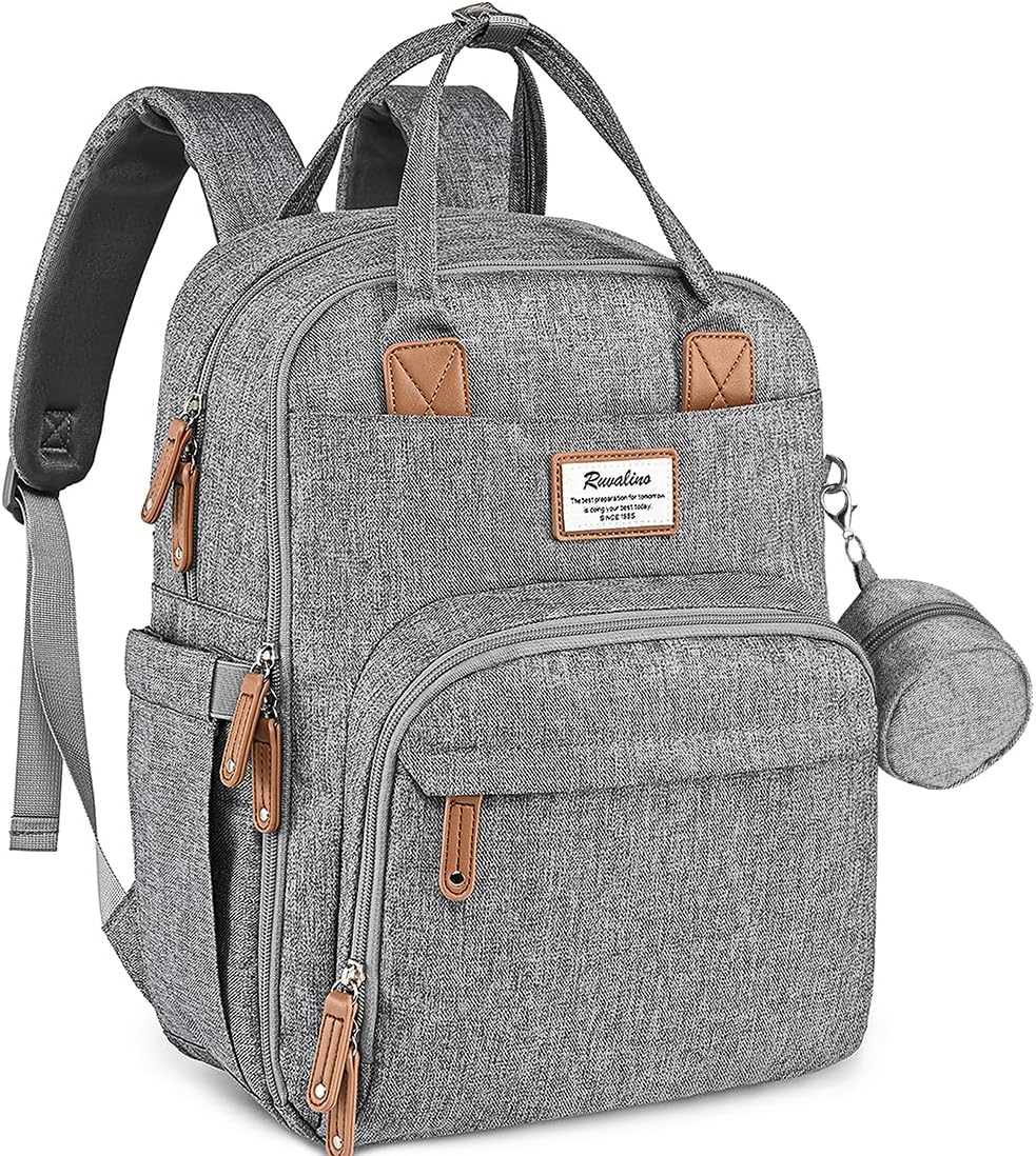 ruvalino diaper bag backpack-expandable baby bag with up to 50% capacity -baby essentials bag with changing pad insulated bottle holders & pacifier case, waterproof, gray xl gray xl polyester