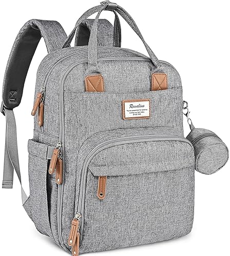 Miniatura 113 de RUVALINO Mochila para pañales - Bolsa de pañales de viaje multifunción para bebé con cambiador, soportes aislados para botellas y estuche para Gris