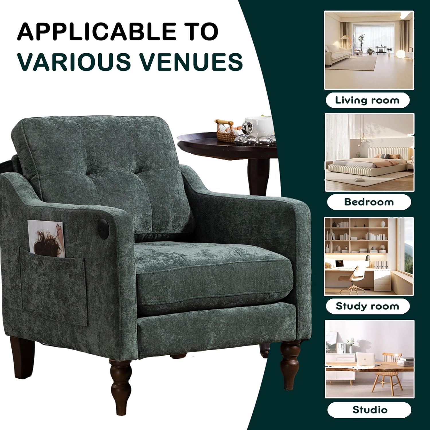Armchair, Midcentury Modern Chair with USB and Side Storage, Comfy Upholstered Chairs for Living Room Bedroom Apartment, Oversized Chenille Accent Chair, Dark Green