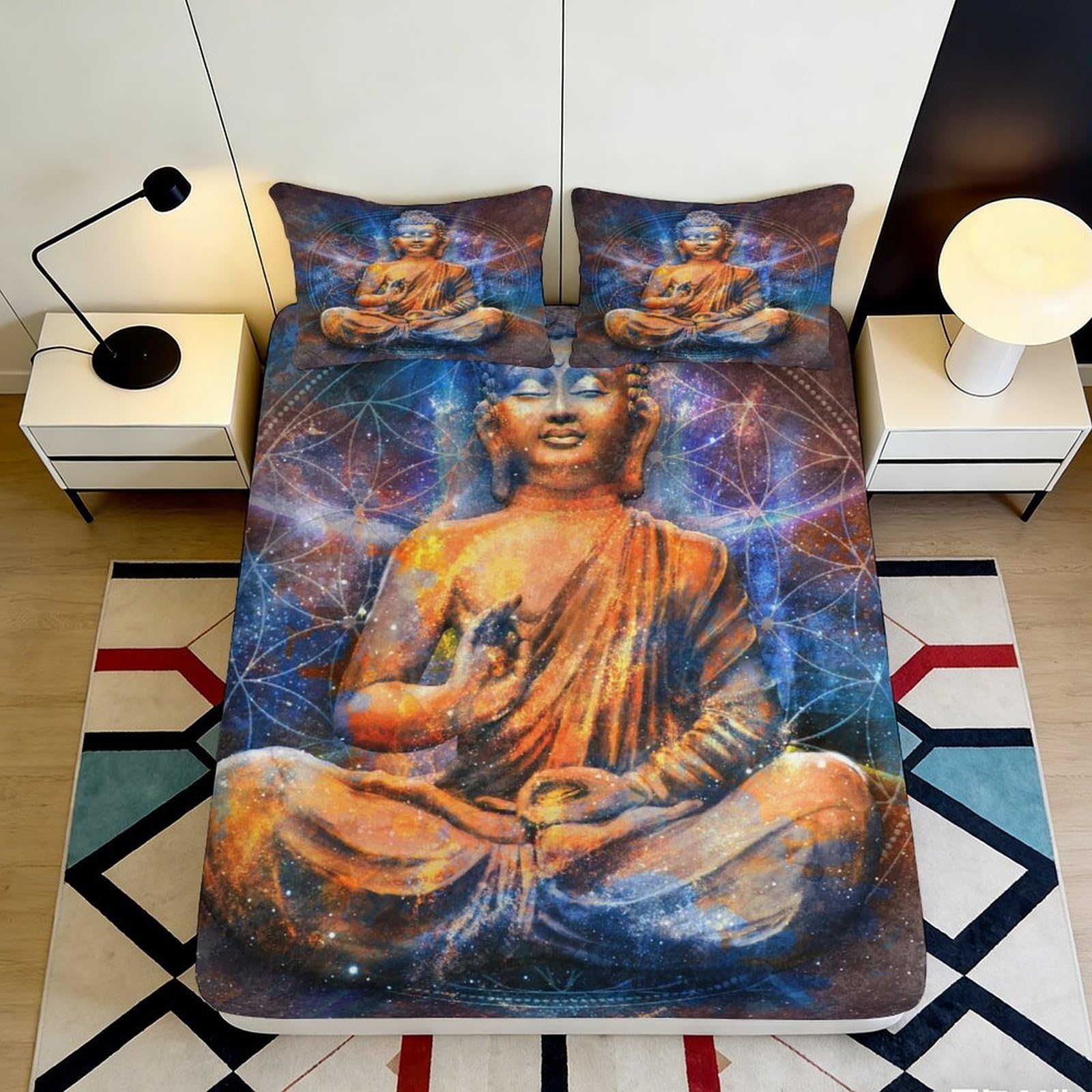 Uynsixtme Style-10 3D Printed Zen Buddha Fitted Sheet Microfiber Non-Slip Deep Pocket Buddha Mattress Fitted Cover Bedroom Bedding 90X200x25cm