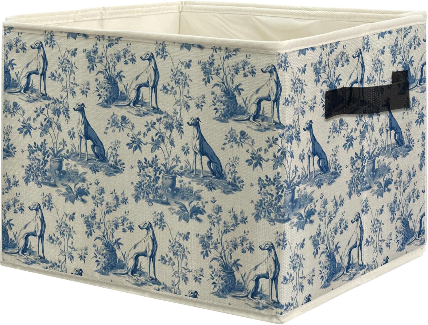 Chinoiserie Greyhound Dog Storage Bins, Blue and White Toile Greyhound Dog Collapsible Storage Box Laundry Basket with Handle for Home Bedroom Bathroom Office Clothes Toys Books