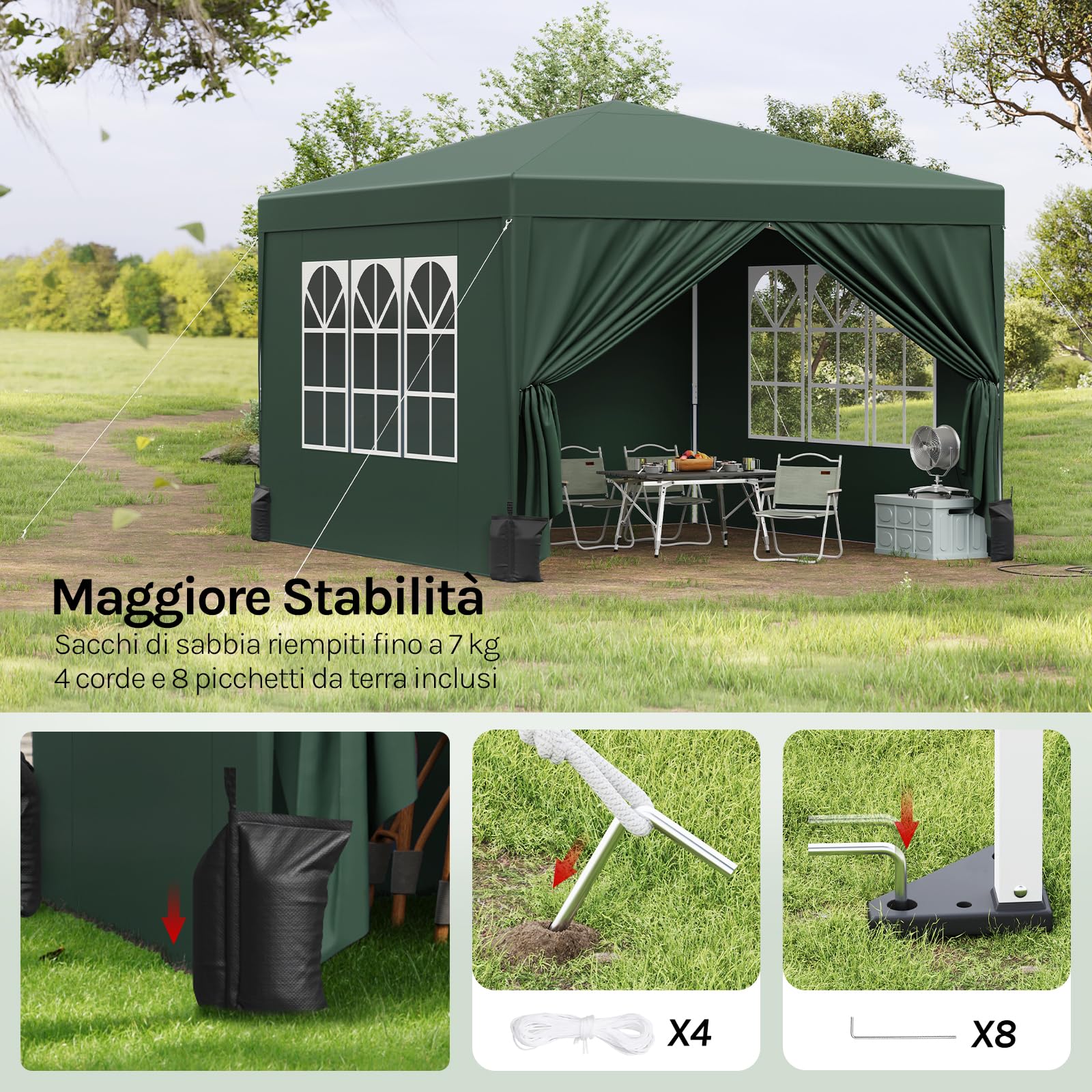 WOLTU Gazebo da Giardino Tendone 3x3m Pop up con sacchi di sabbia Verde | UPF 50+ UV, impermeabile, altezza regolabile, stabile, con borsa trasporto, Giardino