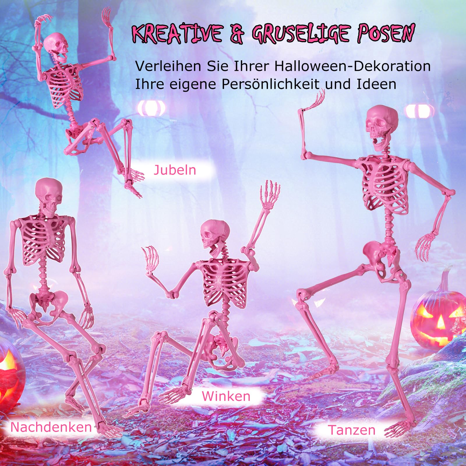 GYMAX 160 cm Halloween Skelett, lebensgroßes Bewegliches Skelett mit 8 Gelenken, Halloween Deko für Innen & Außen, als Skelett-Dekoration für Friedhofspartys & Spukhaus-Partys (Rosa)
