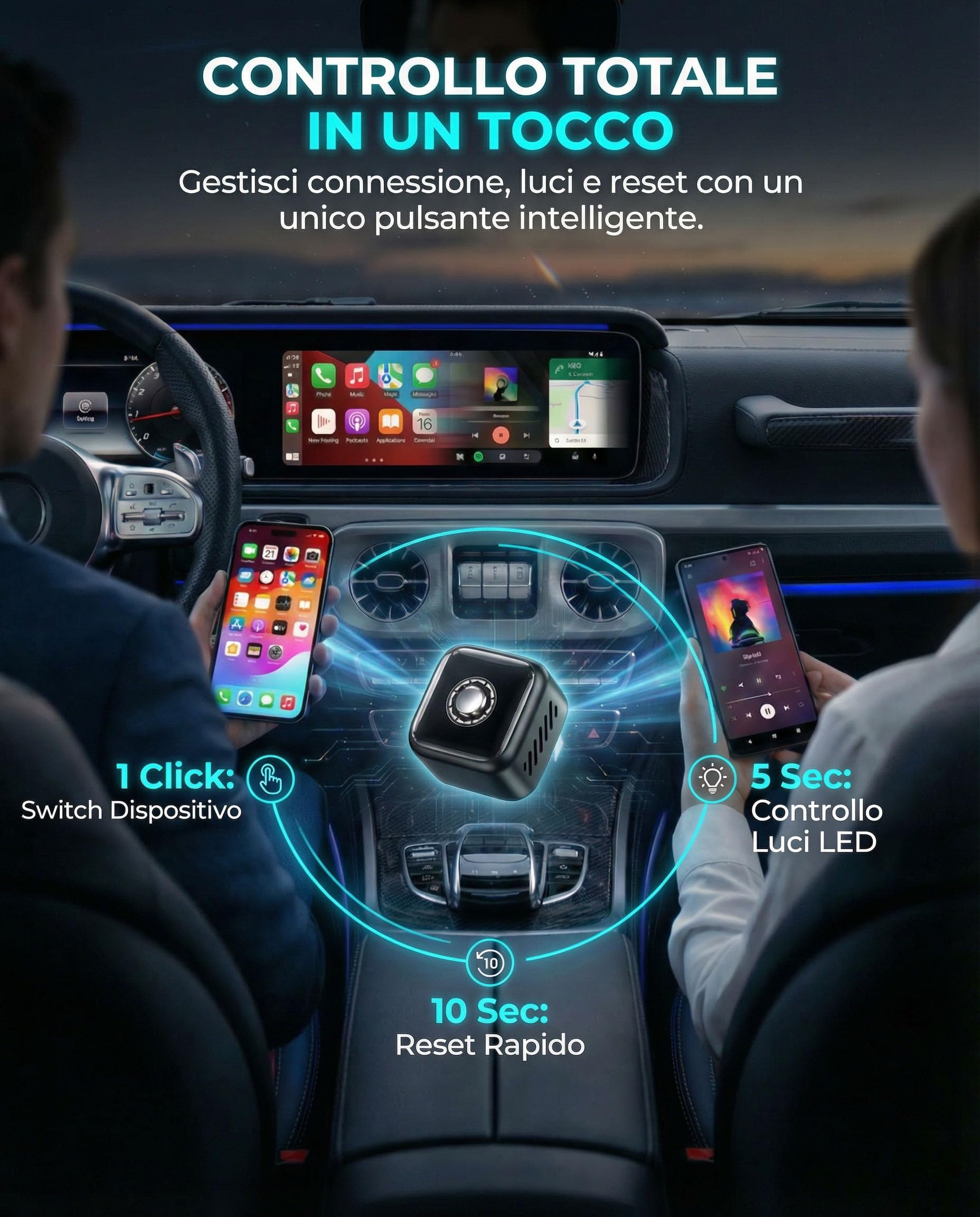 NUOVO 2026 Adattatore CarPlay Wireless & Android Auto 2-in-1, Dongle Mini Wi-Fi 5.8GHz, Corpo in Metallo Dissipante, Funzione One-Click opzionale, Adattatore USB-C Incluso