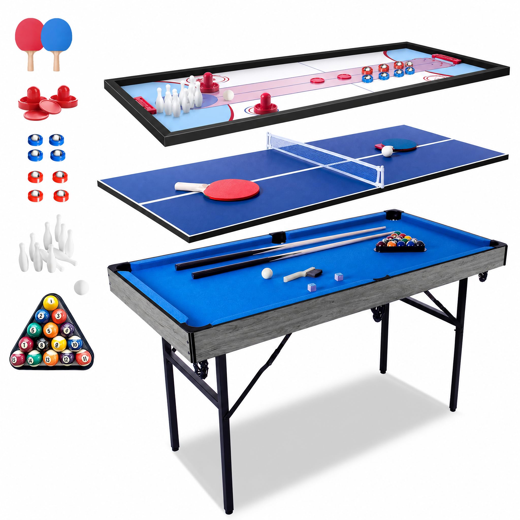 hotsizz Multifunktionale Spieltische,137×68.5×78.5cm,Enthält Billiardtisch/Tischtennisplatte/Sandfox-Ball/Bowling，EIN Spieltisch für Erwachsene und Kinder